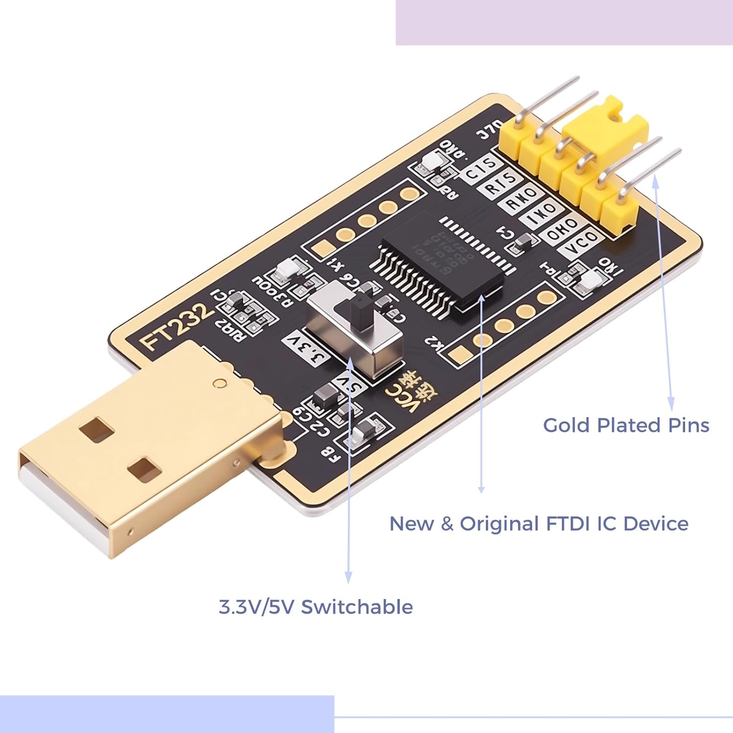 YELUFT USB to TTL Adapter highlighting 3.3V/5V switch and gold-plated pins