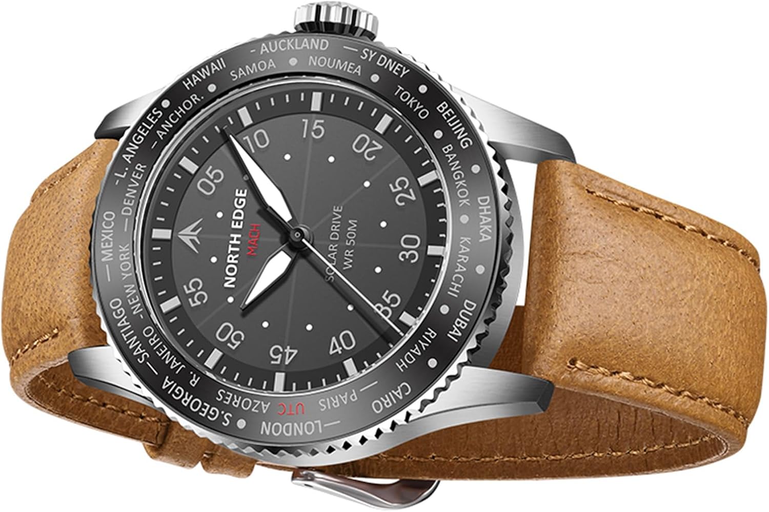 NORTH EDGE Men's Solar Pilot Watch - Quartz Movement, Mineral Glass, Lightweight & Durable Leather Strap, Model: MACH
