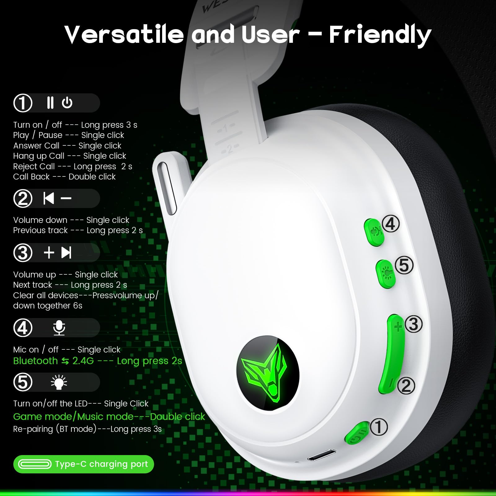 WESEARY WG3 Cuffie Gaming Wireless, 2,4 GHz Cuffie Gaming con Microfono per PS5, PS4, PC, Switch, Mac, Mobile, Gaming Cuffie con Stereo, Cuffie Bluetooth con Luce LED, Batteria da 50 Ore