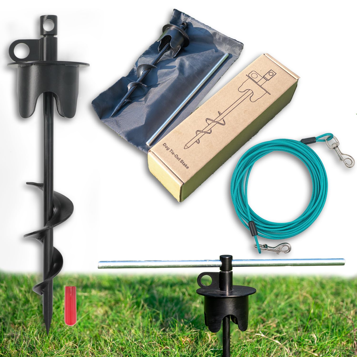 Pali per cani per esterni, per cani fino a 113,4 kg, resistente, per cortile, campeggio, set di ancoraggio a terra, 33 cm, nero, cavo in acciaio da 4,5 m