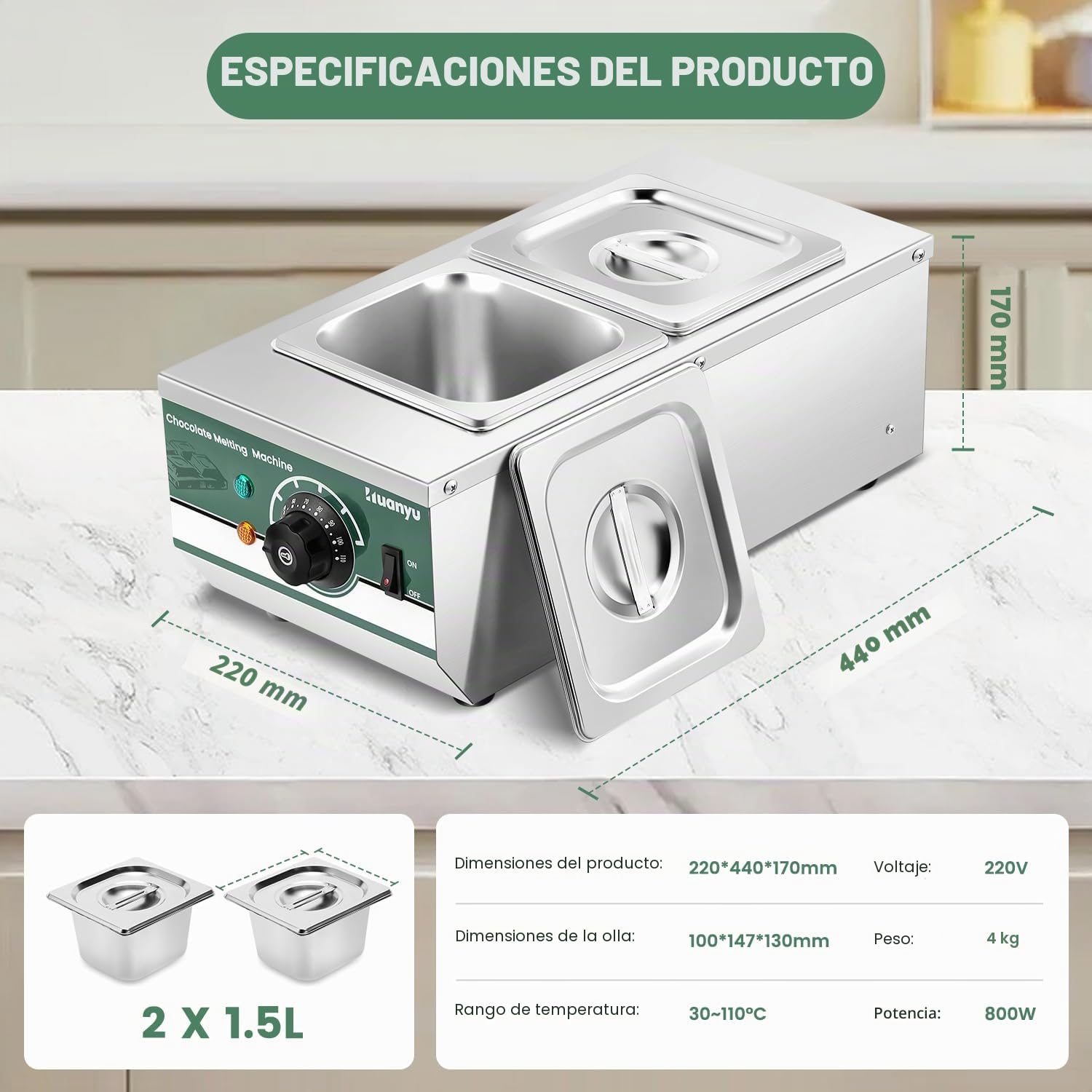 Huanyu Temperadora de chocolate con 2 ollas 30℃-110℃ Máquina derretidora de chocolate Fundidor de chocolate comercial de 800W Calentador de agua para fundir chocolate