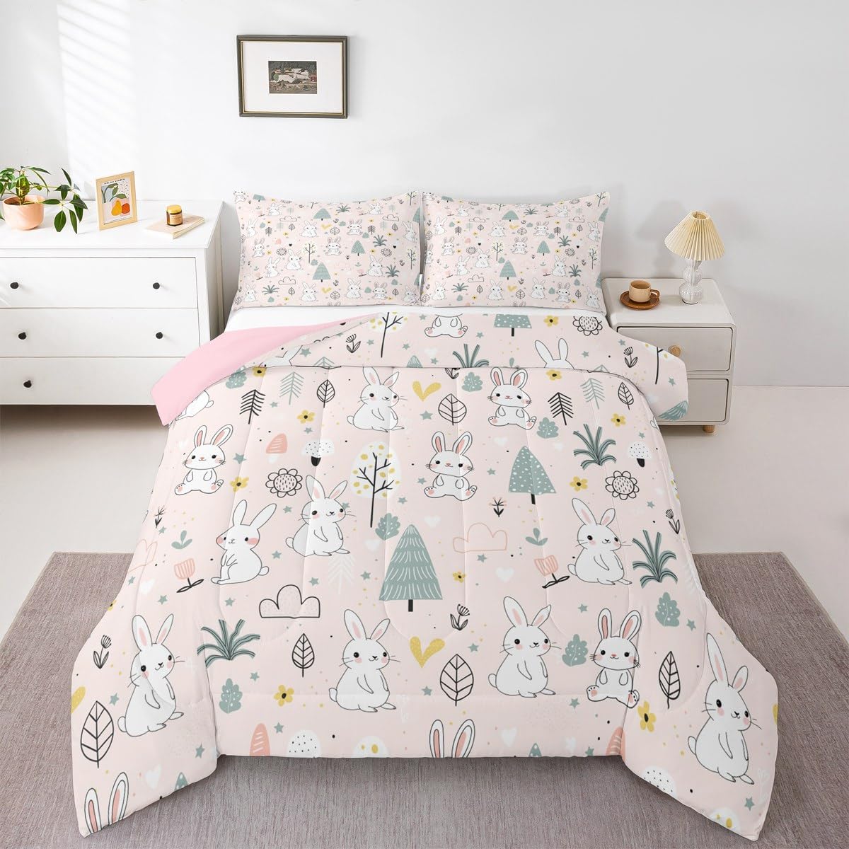 Feelyou Cute Rabbit Comforter Twin, Cartoon Bunny Comforter Set Kawaii Animal Comforter Set for Kids Boys Girls Botanical Plant Duvet Set Microfiber Quilt Set
