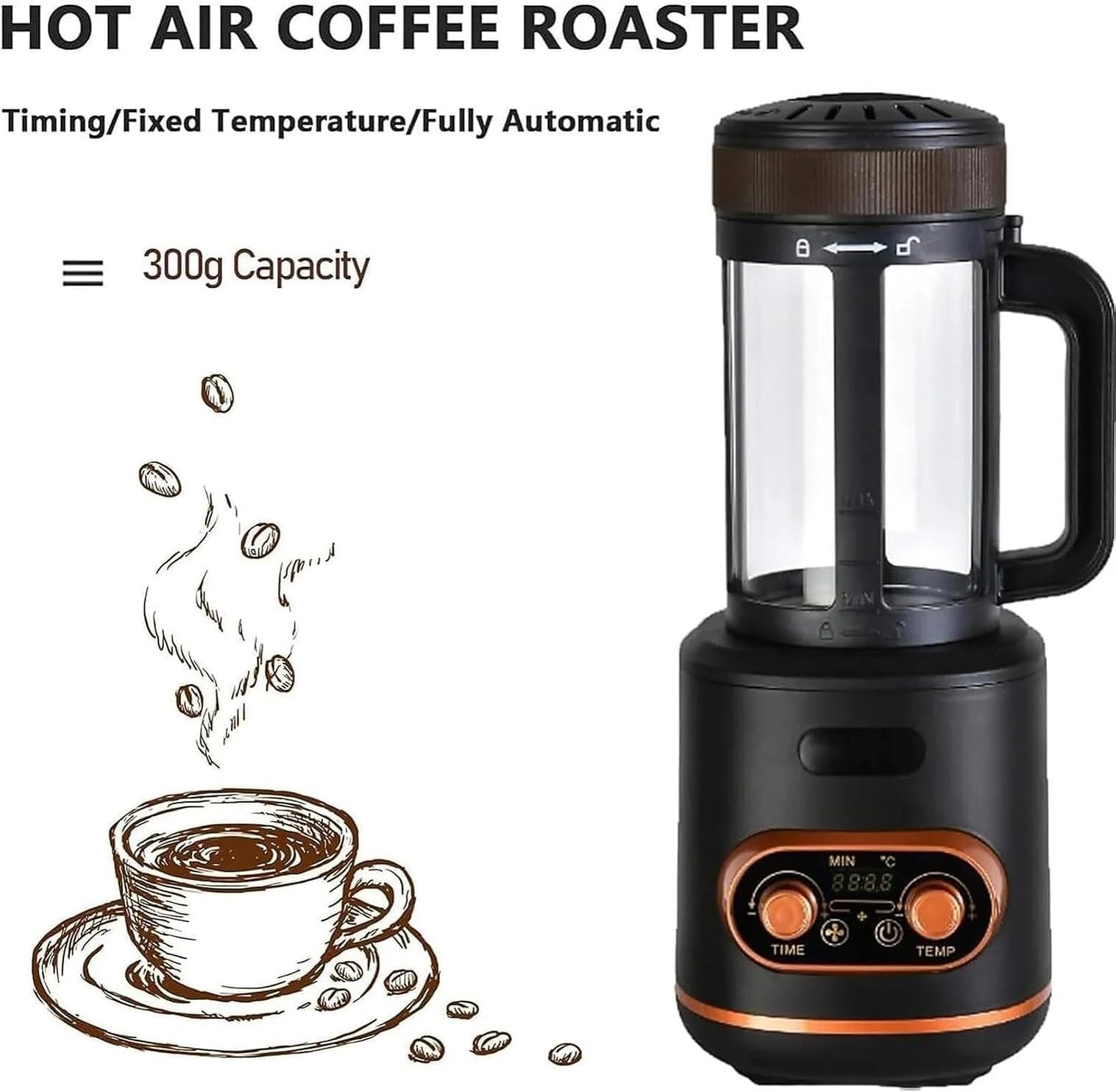 Toster do kawy 2400 W, 300 g gorącego powietrza z zegarem i regulacją temperatury do 250 ° C, automatyczne chłodzenie, szklana komora, do domu i kawiarni