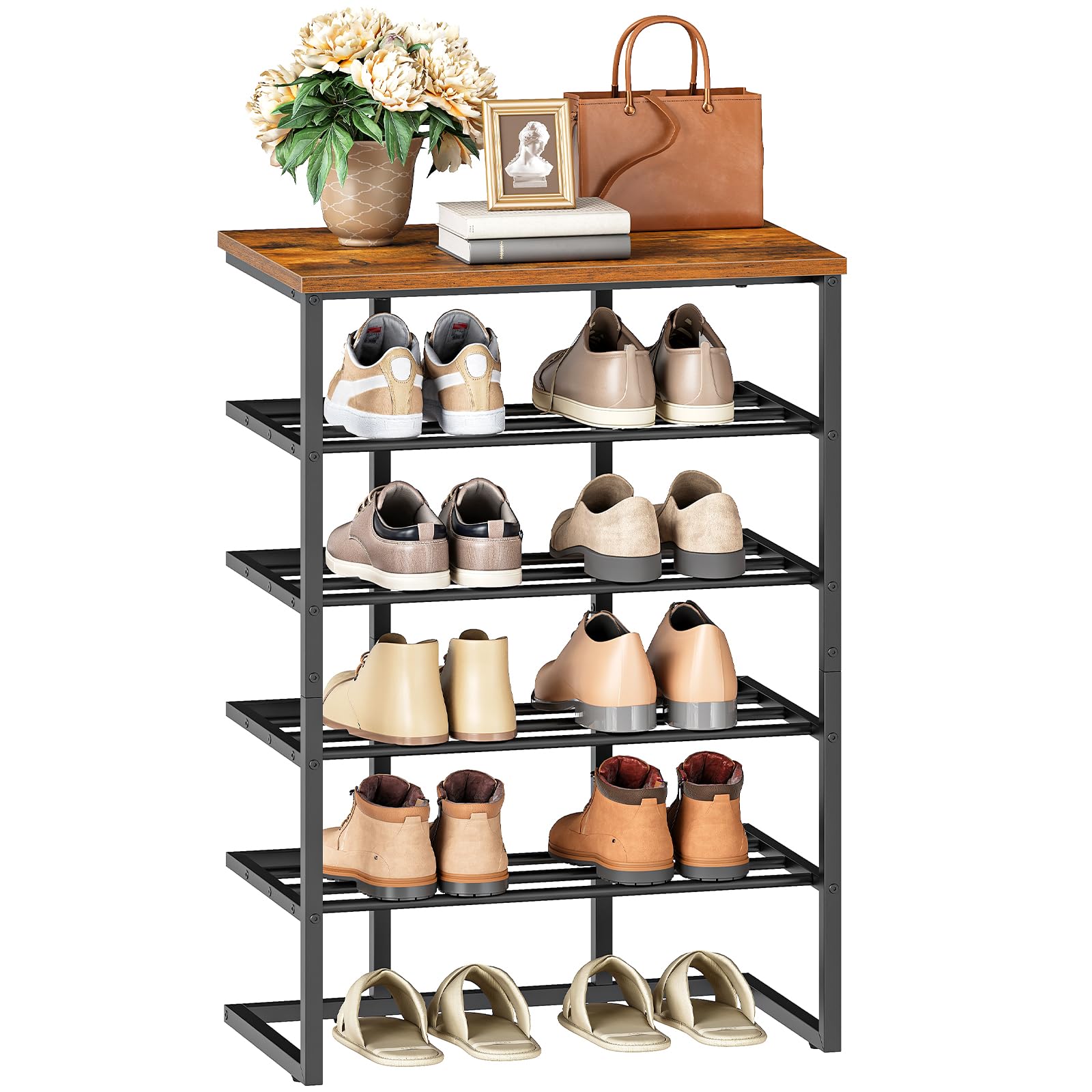 HOOBRO Scarpiera a 5 Livelli in Stile Industriale, Scaffale Portascarpe, Struttura in Metallo con Base a U e Piedini Regolabili, Marrone Vintage e Nero EBF54XJ01