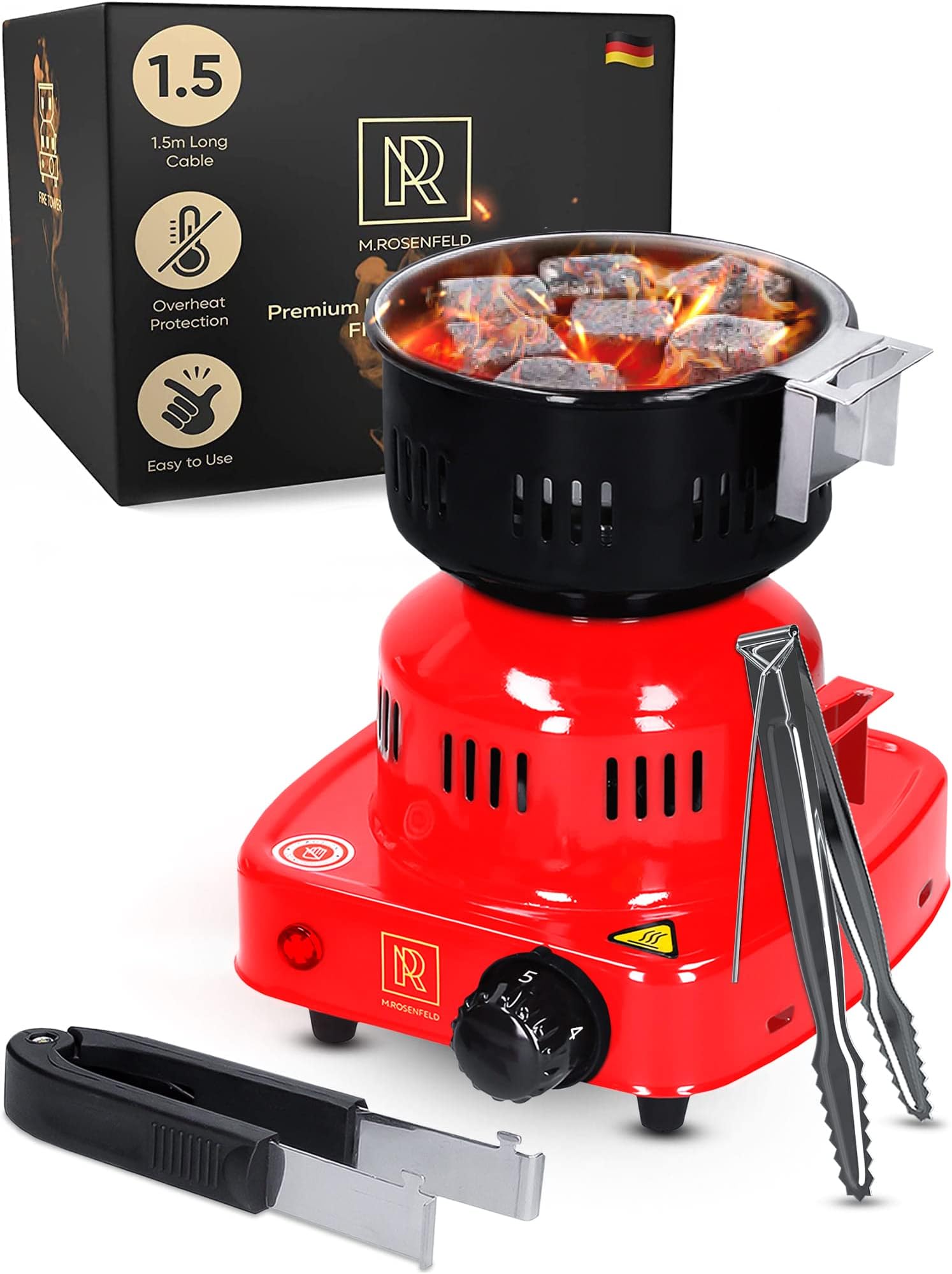 M. ROSENFELD Red Multipurpose Electric Charcoal Starter - Electric Charcoal Burner UL & STS Approved - Coconut Charcoal Lighters with Tongs - 450W Hot Plate Electric - 304 Stainless Steel