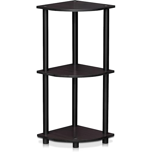 Furinno TURN-N-TUBE Corner Shelf, 3-Tier Corner Bookshelf, Display Storage Shelves with Open Shelves, for Organization and Storage, Living Room, Home Office, Garage, Dark Walnut