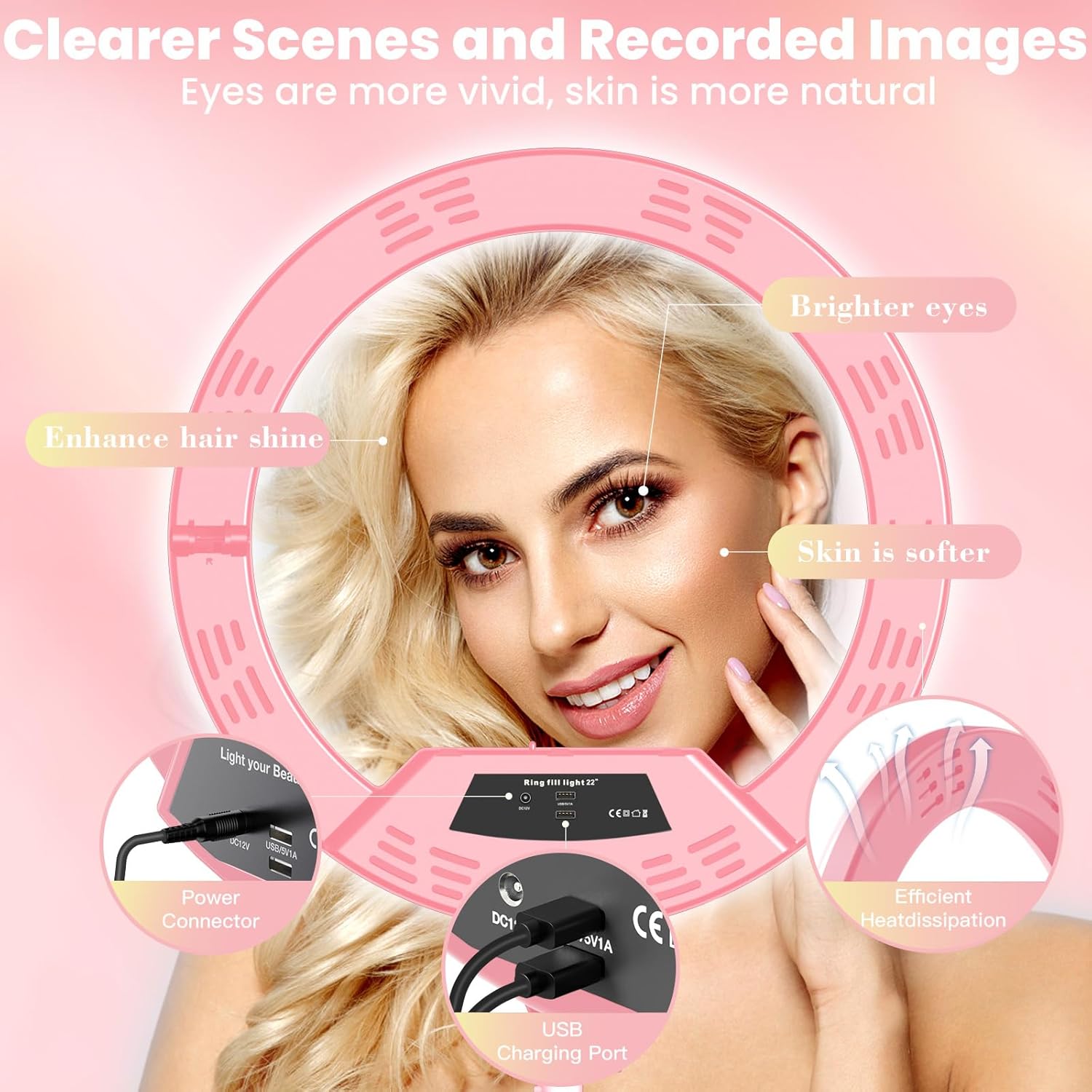 22" Foldable Ring Light with Stand for iPhone ipad, 75" Tripod with Wheels 50W 6500K LED Display/2 USB Ports Large Ringlight Rolling, Tattoo Barber Makeup Studio Video Photography Lighting(Pink)