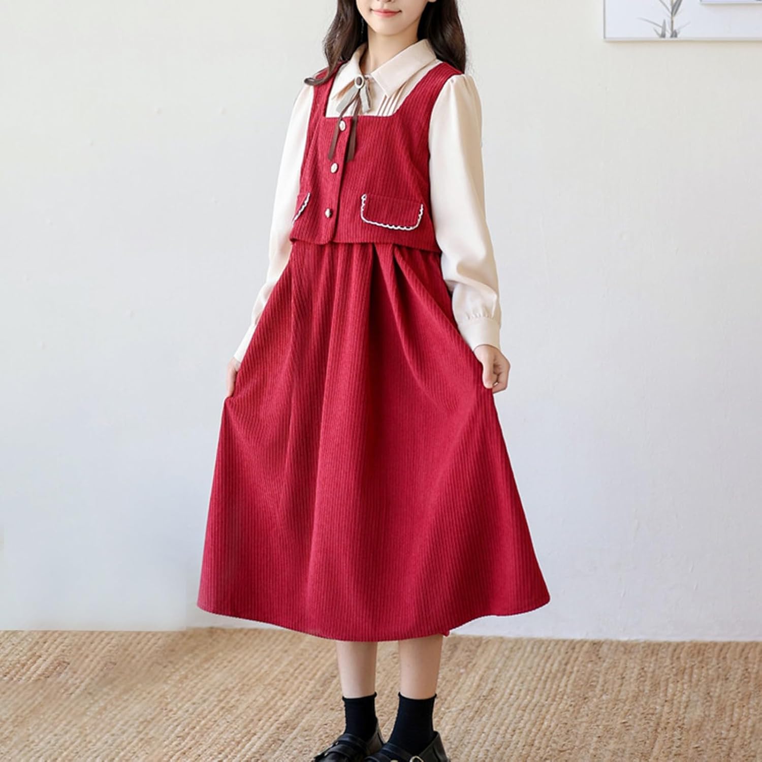 Girls Corduroy Overall Dress Teen 2 Piece Long Sleeve Button Down Dresses Set Spring Fall Casual Vintage Clothes Outfit