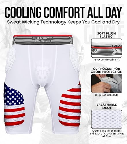 Miniatura 9 de Exxact Sports Elite - Faja de fútbol para adultos con 5 almohadillas para hombre, pantalones cortos de compresión acolchados, con bolsillo para tazas