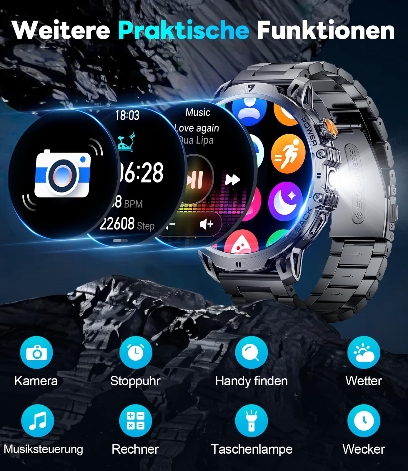 LIGE Militär Smartwatch Herren - 1000 mAh/1,85" HD Großes Touchscreen/LED-Licht, Fitnessuhr mit 110+ Sportmodi, Herz-/Schlaftracking,2 Armbändern,IP68 wasserdicht, Sportuhr für iOS/Android, Schwarz
