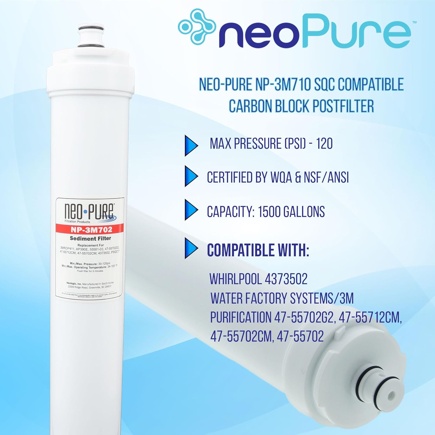 Neo-Pure NP-3M702 Sediment Prefilter Replacement Cartridge for the SQC3 and SQC4 Reverse Osmosis Systems Compatible with AQUA-PURE AP390E, 55581-03, Water Factory 47-55702G2, 47-55712CM, 47-55702CM