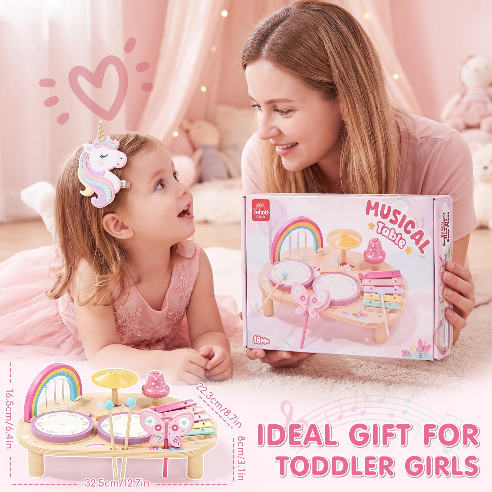 Lehoo Castle Montessori Juguetes 1-3 Niños, Bebe Tambor Bateria Infantil, 9 IN 1 Instrumentos Musicales Brinquedos Juguetes de Mader Regalo Brinquedos Niño Niña 2 3 4 5 Años (Unicornio)