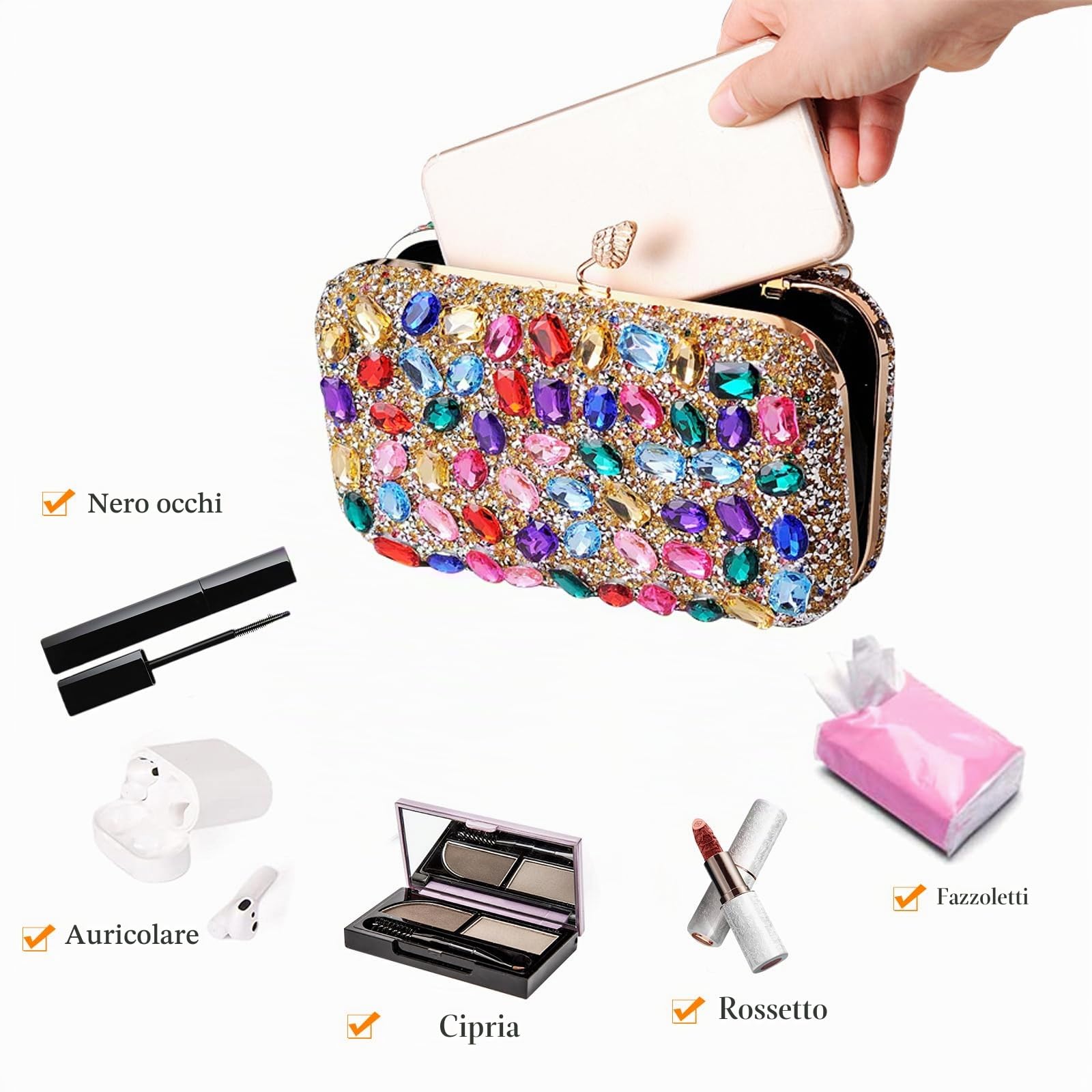 CORIOS Borsetta da Sera con Strass Donna Pochette Piccolo con Catena Elegante Borsa a Tracolla Borsa a Spalla Gorgeous Borse Messenger Ballo Cocktail Cerimonia Festa Clutch Argento