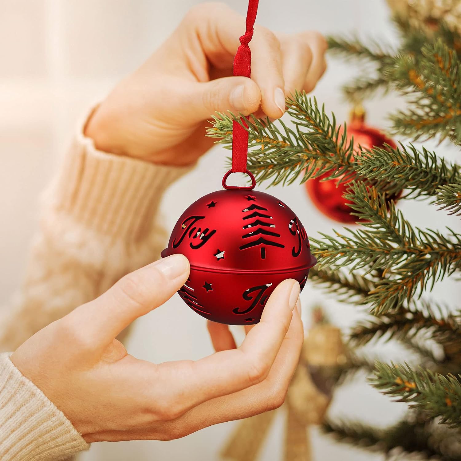 Hotop 6 Pieces Large Jingle Bell Christmas Joy Bell Metal Ornaments with Star Cutouts Sleigh Rustic Xmas Tree Wreath Garland Holiday Party DIY Decor(Red)