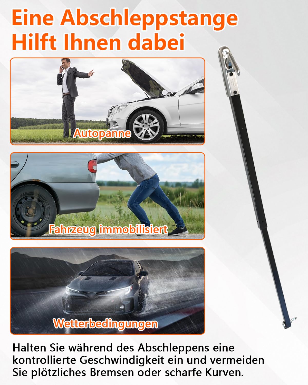 Abschleppstange für pkw, abschleppstange mit kugelkopf, 3500kg Zugkraft Gewicht, 50mm Anhängerkupplung, für Kfz, LKW, SUV, Geländewagen - Pannenhilfe (Lunghezza 2.35m)