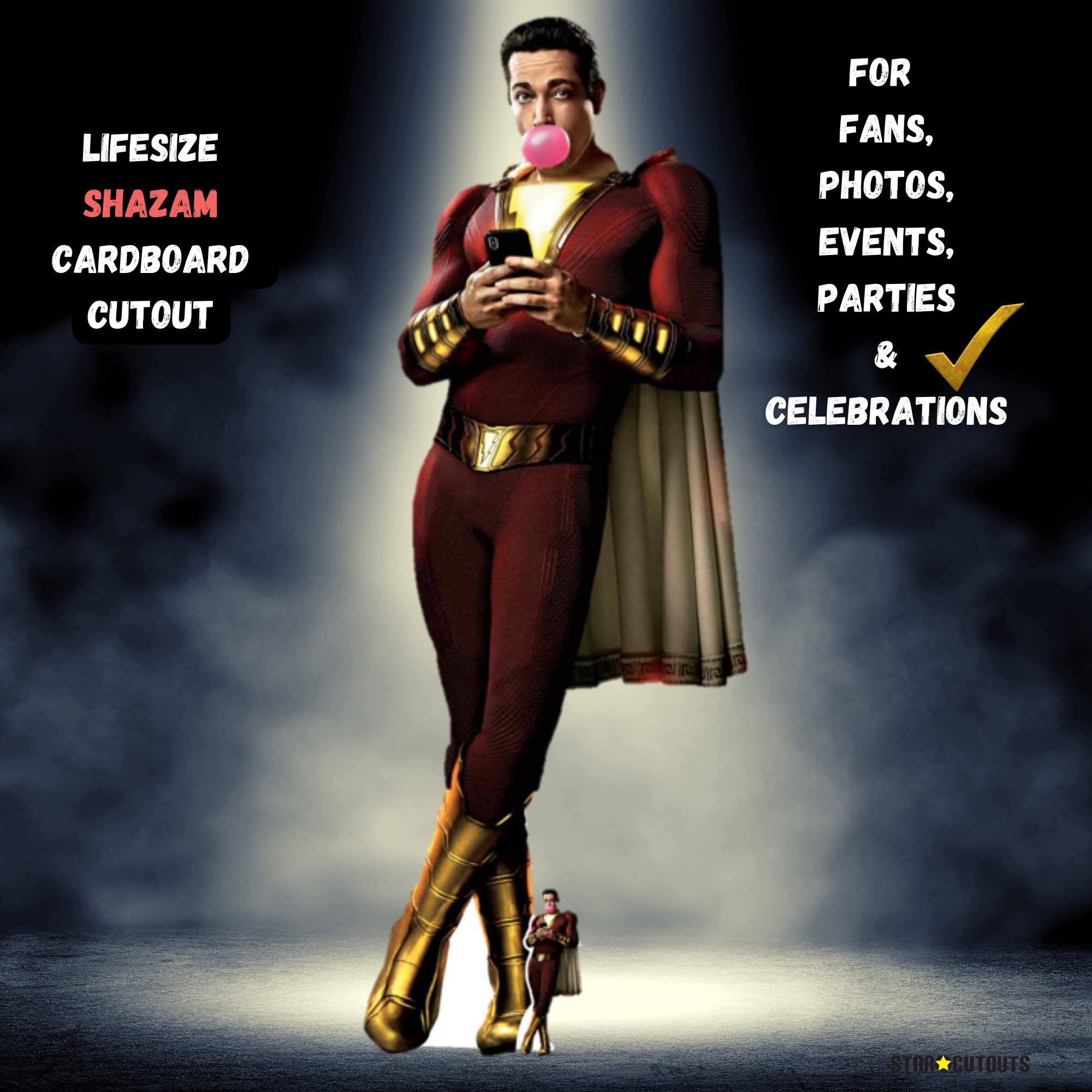 Star Cutouts SC1348 Shazam Bubblegum (Zachary Levi) Lifesize Cardboard Cutout/Standup/Standee 190cm Tall 72cm Wide, Multicolour