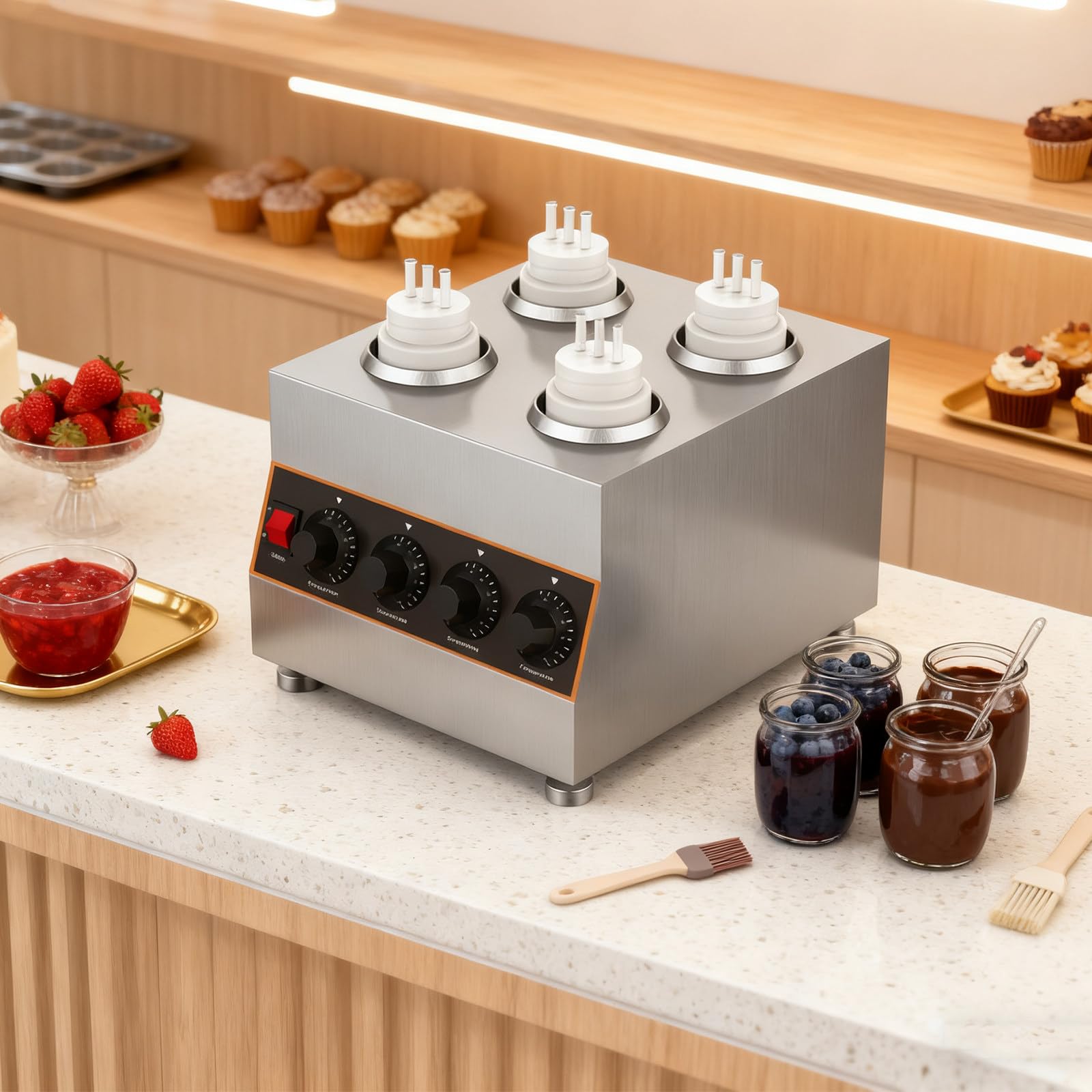 Calentador de salsa comercial de acero inoxidable, dispensador eléctrico de 640 W para queso nacho, dulce caliente, ketchup y chocolate con 4 botellas incluidas