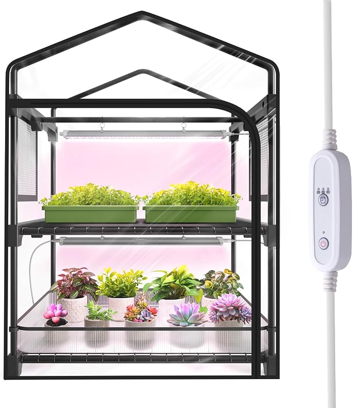 Indoor Greenhouse with Grow Light, 2-Tier Plant Stand, 27x19x35in | 1.64FT T5 Grow Light for Seedlings, PVC Tent with Ventilation Window, Bottom Pouch, 40W Full Spectrum Plant Light with Timer