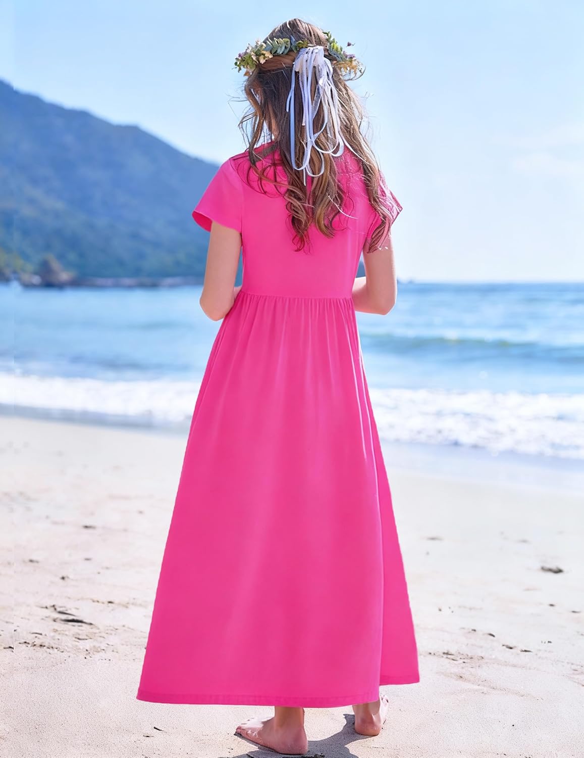 Arshiner Girls Maxi Dress Long/Short Sleeve Casual Holiday Dress with Pockets for 5-13 Years - Image 6