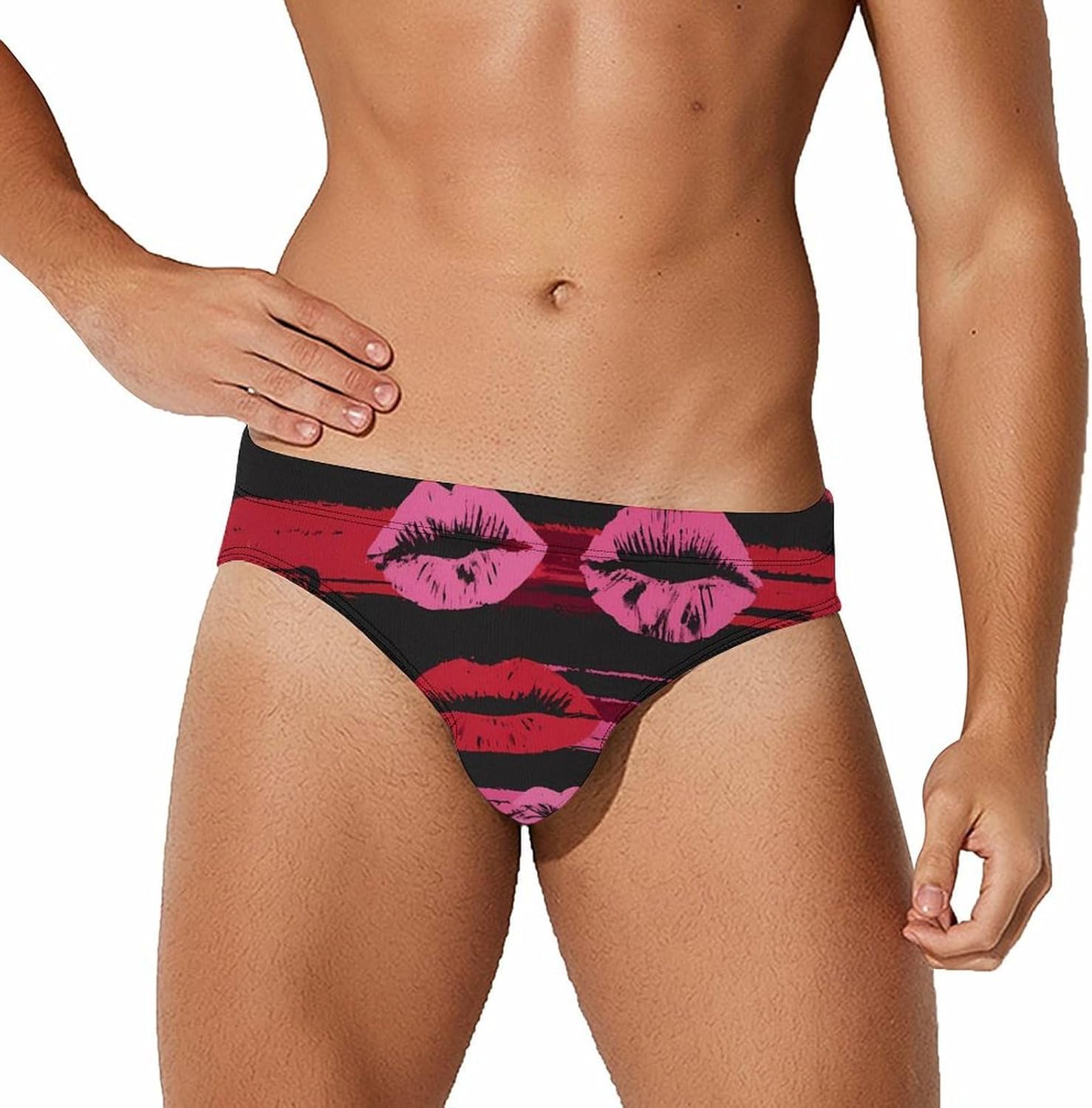 Sexy Lips Red Stripe Men's Swimwear Bikini Swimming Briefs Stretchy Swimsuits Board Surf Shorts Trunks
