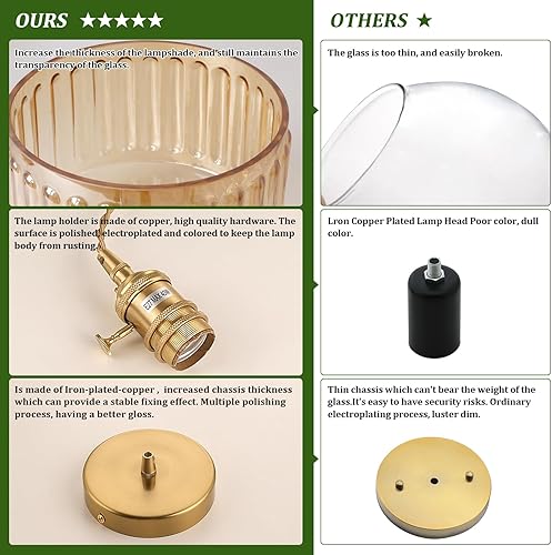 Miniatura 34 de Lámpara colgante con pantalla de cristal ámbar Scindapsus de cristal, lámpara colgante vintage de latón, luz colgante ajustable para cocina, isla