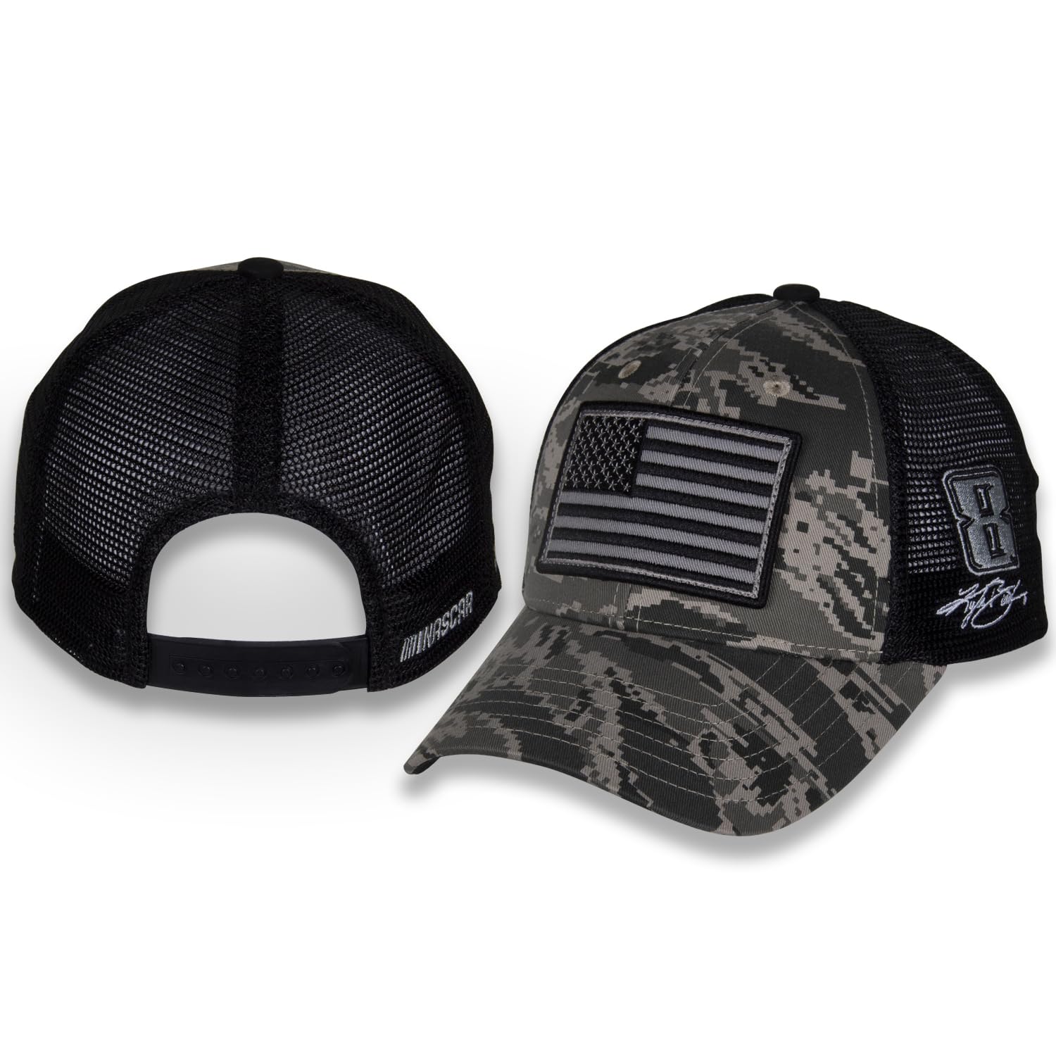 Kyle Busch #8 NASCAR 2024 Green Digital Camo USA Flag Snapback Black Mesh Hat