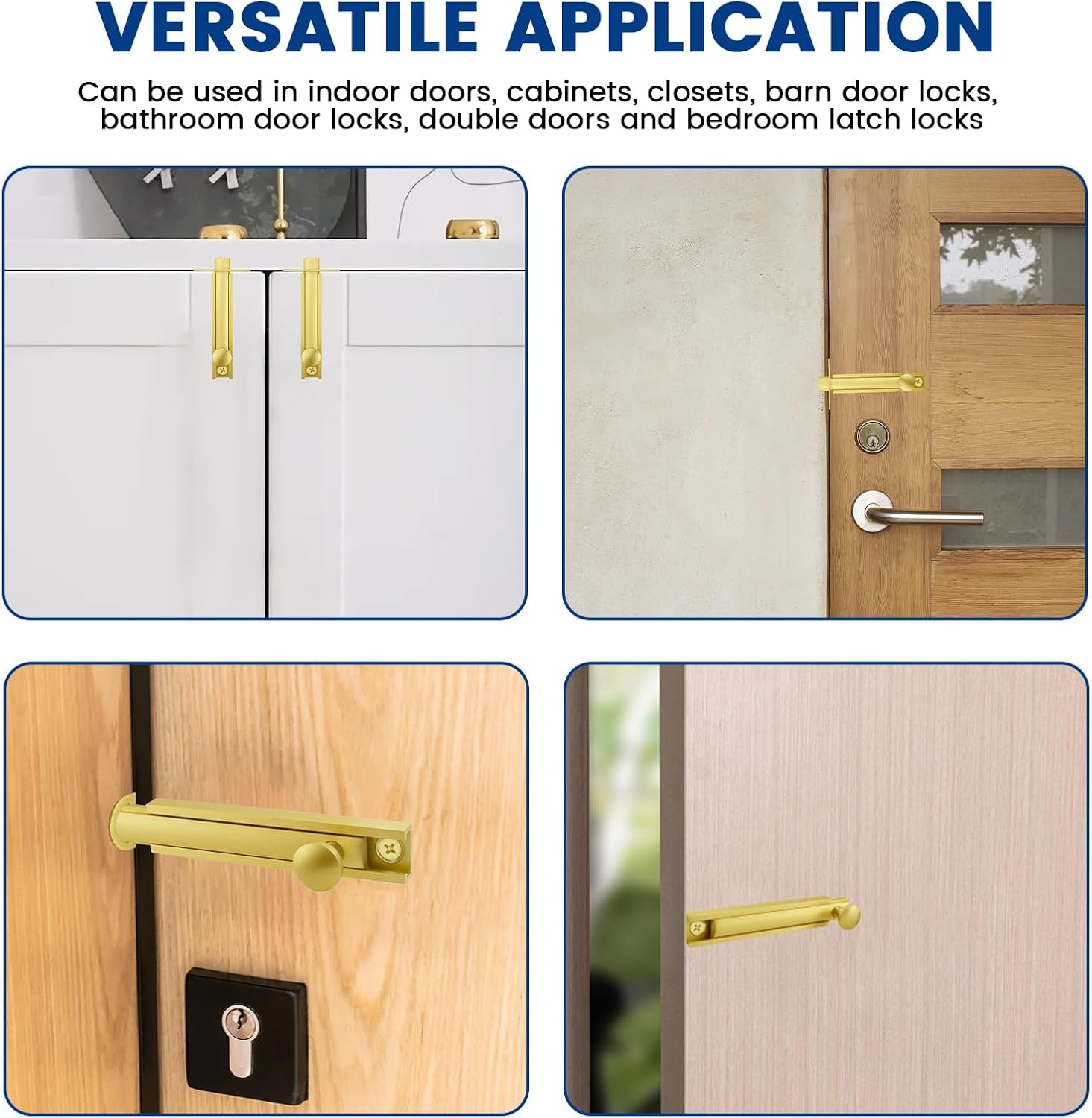 3 Inch Solid Brass Surface Bolt, 2 Sets Slide Surface Door Bolt, Heavy Duty Door Slide Bolt for Flush or Recessed Doors and Gates (Brushed Gold)