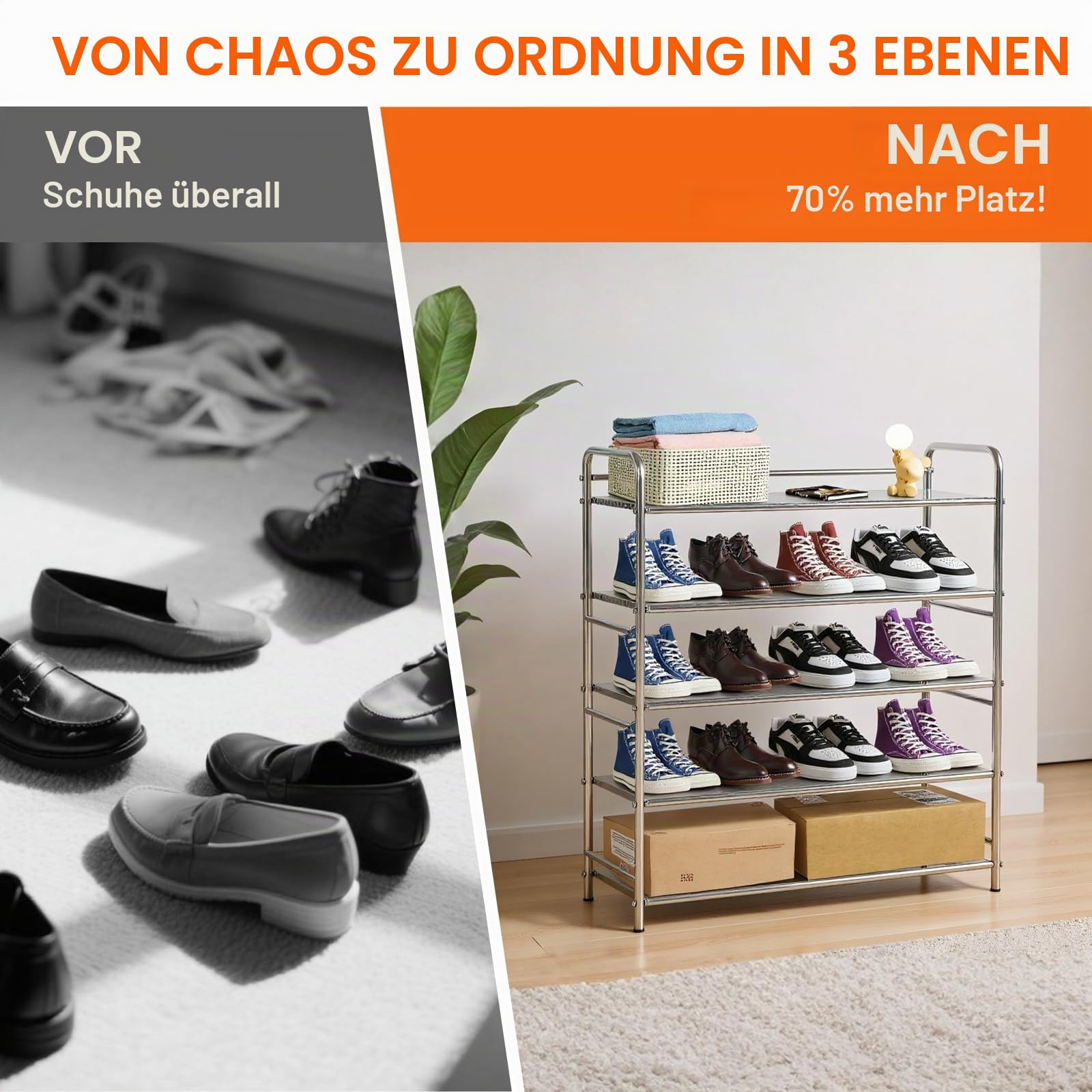 Edelstahl-Schuhregal 4-stufig | Starker Schuhorganizer für Kleiderschrank & Flur | Platzsparendes Schuhregal mit Stapelfunktion