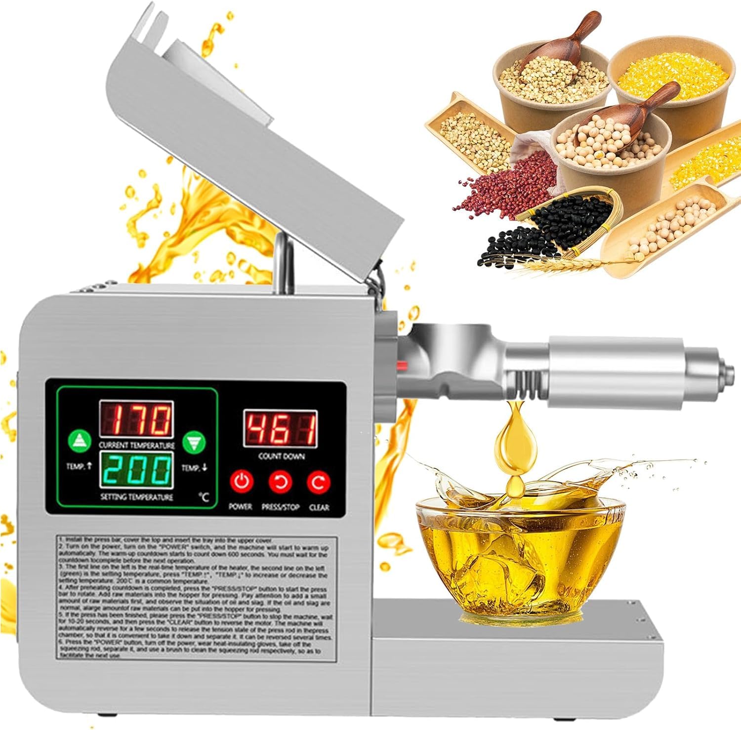 AYCDL Oil Press Machine Oil Extractor, Electric Automatic Oil Making Machine, Hot Cold Press Oil Machine Stainless Steel for Peanut Sesame