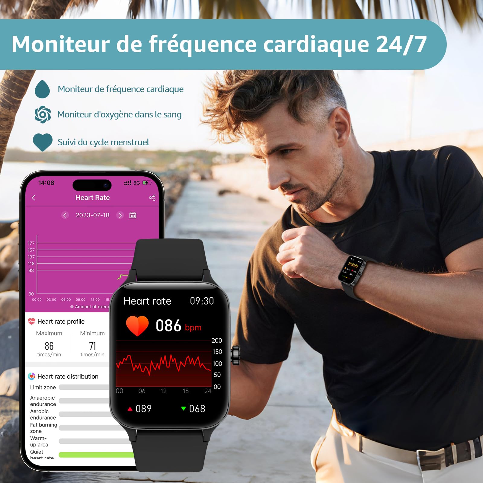 Montre connectée homme femme 1.95" écran tactile Smartwatch appels suivi fitness pression artérielle sommeil podomètre sport Android iOS
