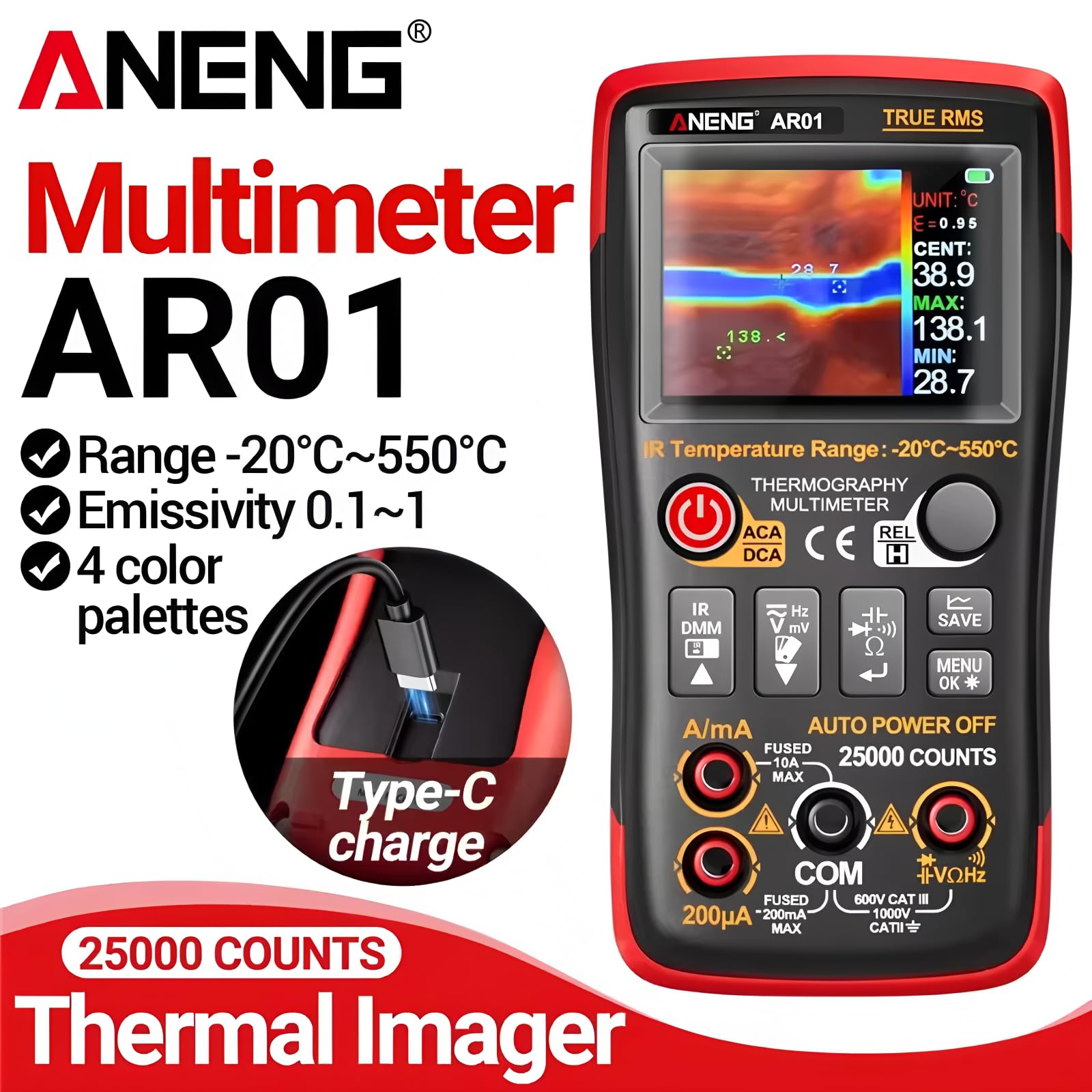 Strumenti di Test con Display TFT Multimetro 250MΩ Tester 25000 Conteggi Carica Tipo-C USB Multimetri a Immagini Termiche (AR01)