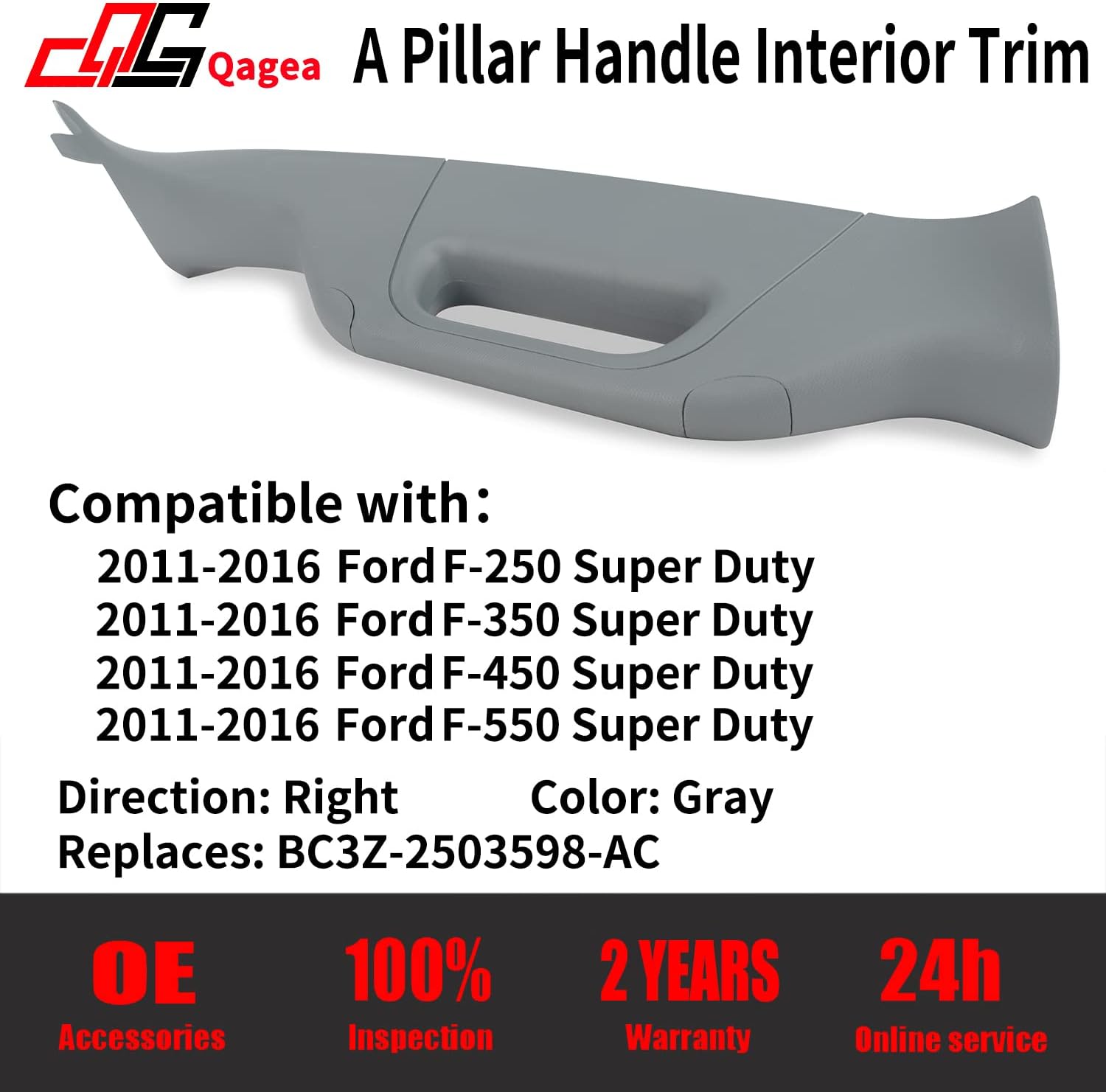 Qagea A-Pillar Grab Handle Interior Trim Passenger Right Side Replacement for 2011-2016 Ford F250 F350 F450 F550 Super Duty Replace BC3Z-2503598-AC BC3Z2503598AC(Right, Gray)