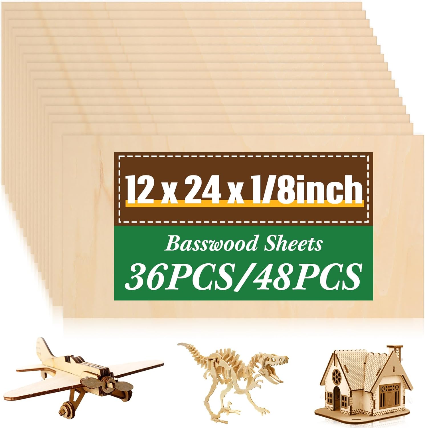 Riakrum Basswood Sheets Plywood Board Unfinished Wood Boards for Crafts for DIY Laser Projects Architectural Mini House Building Hobby Model Making(12 x 24 x 1/8 Inch,36)