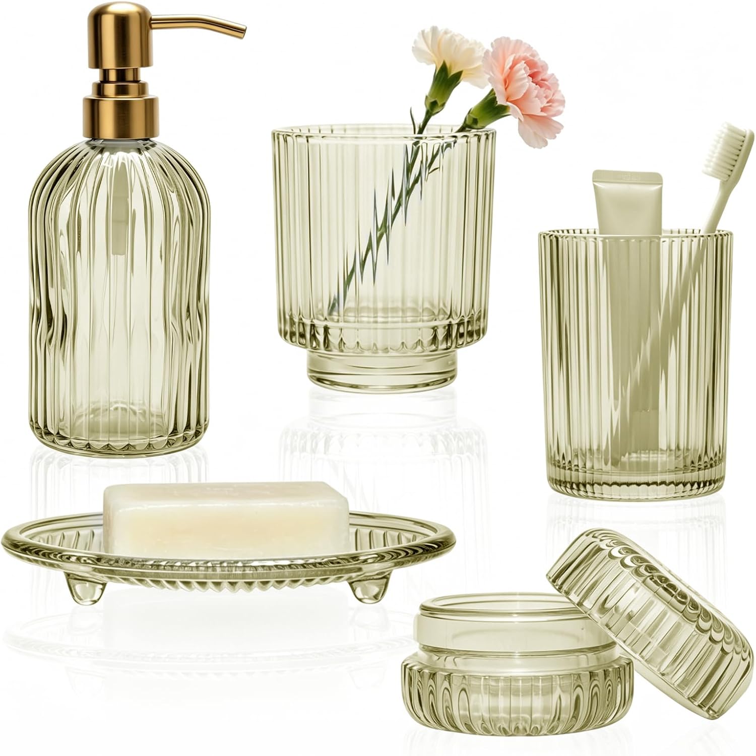 Grey Glass Bathroom Accessories 5pcs Set: Lotion Soap Dispenser, Toothbrush Holder, Tumbler, Cotton Swab Holder - Contemporary & Vintage Decor 5pack (Green)