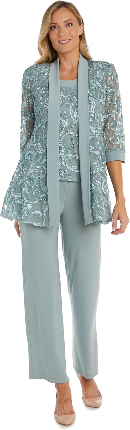 R&M Richards Women's Elegant Dressy Pants Suit Set | 2-Piece Formal Outfit W/Mesh Jacket Over Mock Top, Trousers & Necklace