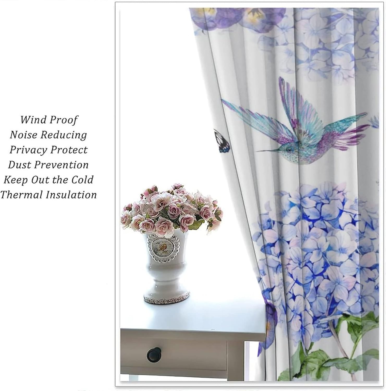 Hummingbird Floral Rod Pocket Blackout Curtains for Living Room,Thermal Insulated Watercolor Animal Hummingbird Wild Plant Romantic Window Curtains,42x45in