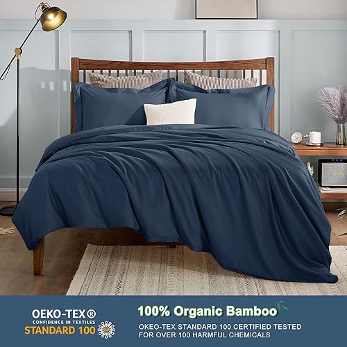 Miniatura 2 de CozyLux Juego de funda de edredón de bambú 100 % orgánico, tamaño King, color azul marino, 3 piezas, funda de edredón de lujo de 300 hilos, 104 x 90