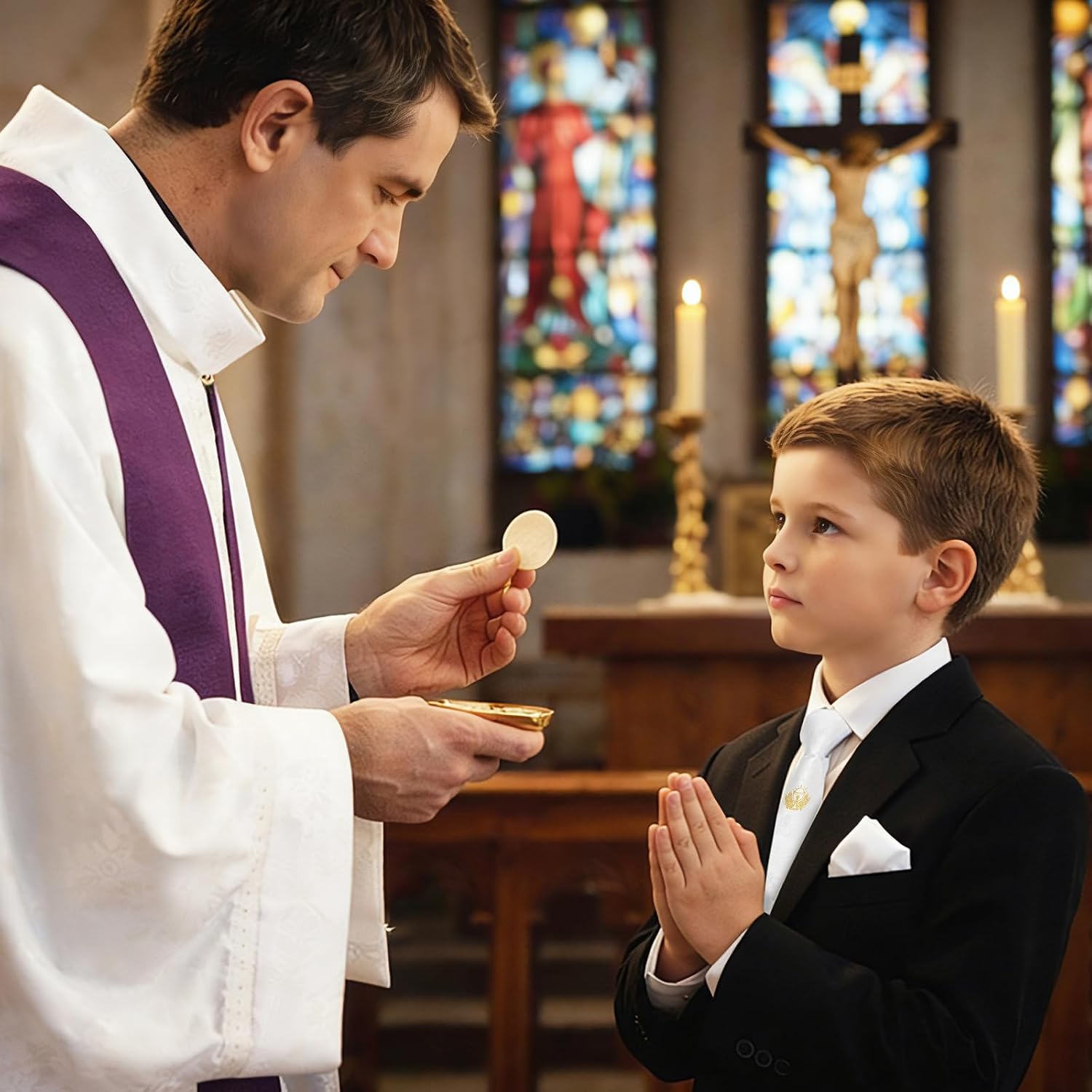 2 Pcs Boys First Holy Communion Tie and Hanky Set, Pre-Tied White Tie with Chalice Pattern, Satin Folded Handkerchief for 1st Communion Baptism
