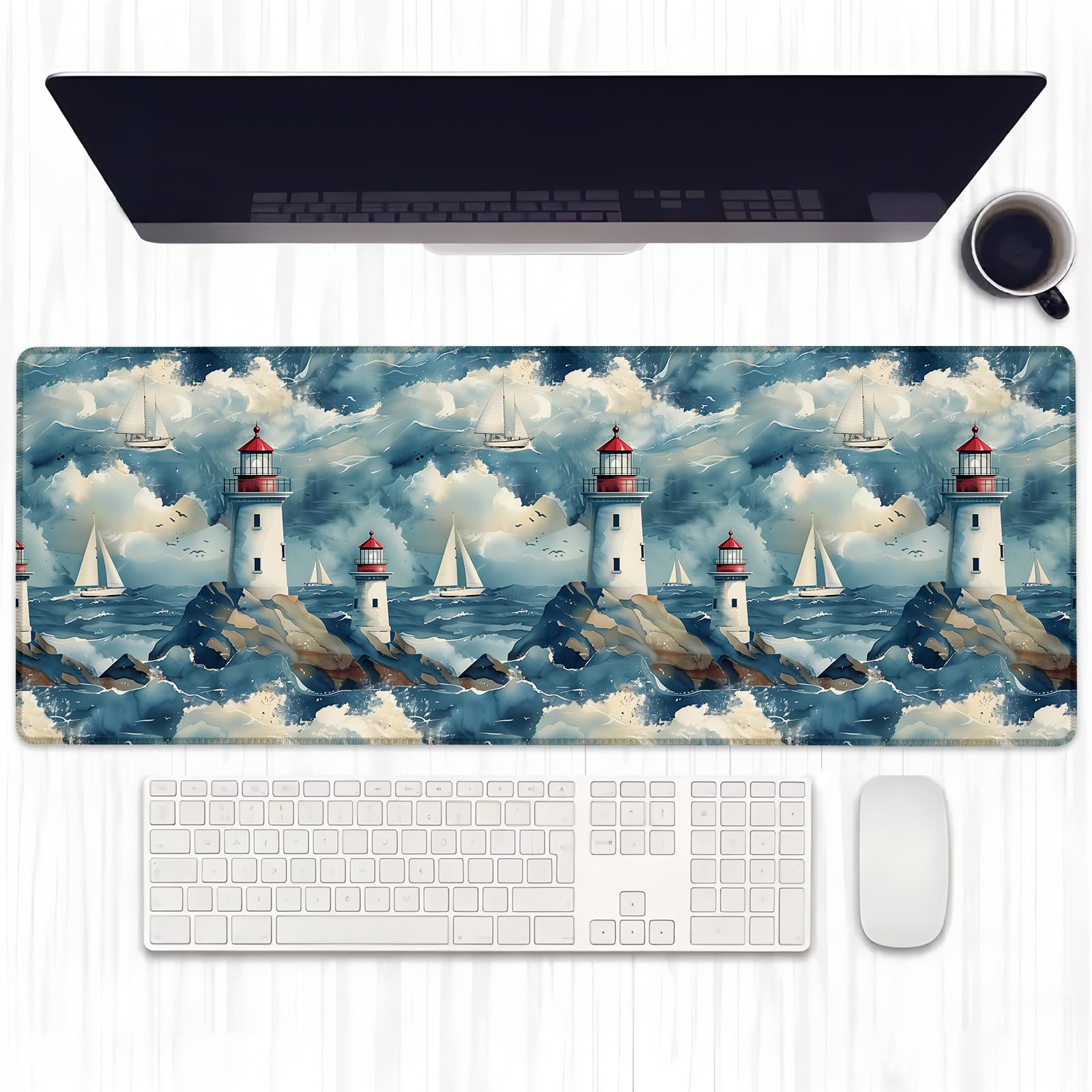 Ti Caldi Lighthouse Ocean Gaming Mouse Pad, Extended Waves and Sailboats Desk Mat Computer Laptop Mousepad, Robust Stitched Edges, 31.5"×11.8" Large