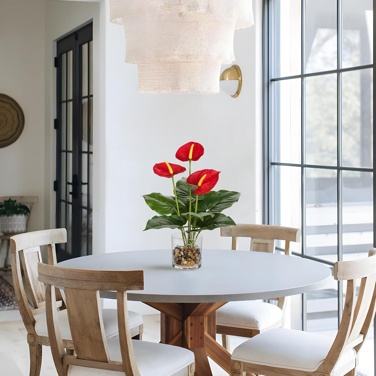 Fake Flowers in Vase 15.4" Red Anthurium Artificial Flowers with Vase Tropical Flowers Artificial Realistic Faux Flower Glass Silk Flower Arrangements for Home Bathroom Kitchen Table Centerpiece