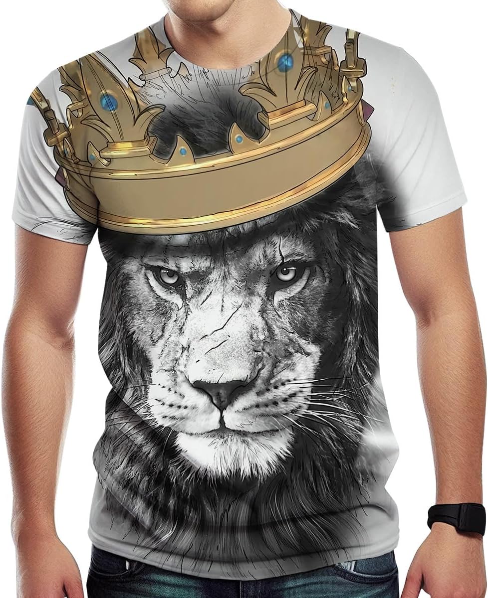 Lion King Men's Shirt Lion Head Wearing Crown Domineering White T-Shirt - Image 2