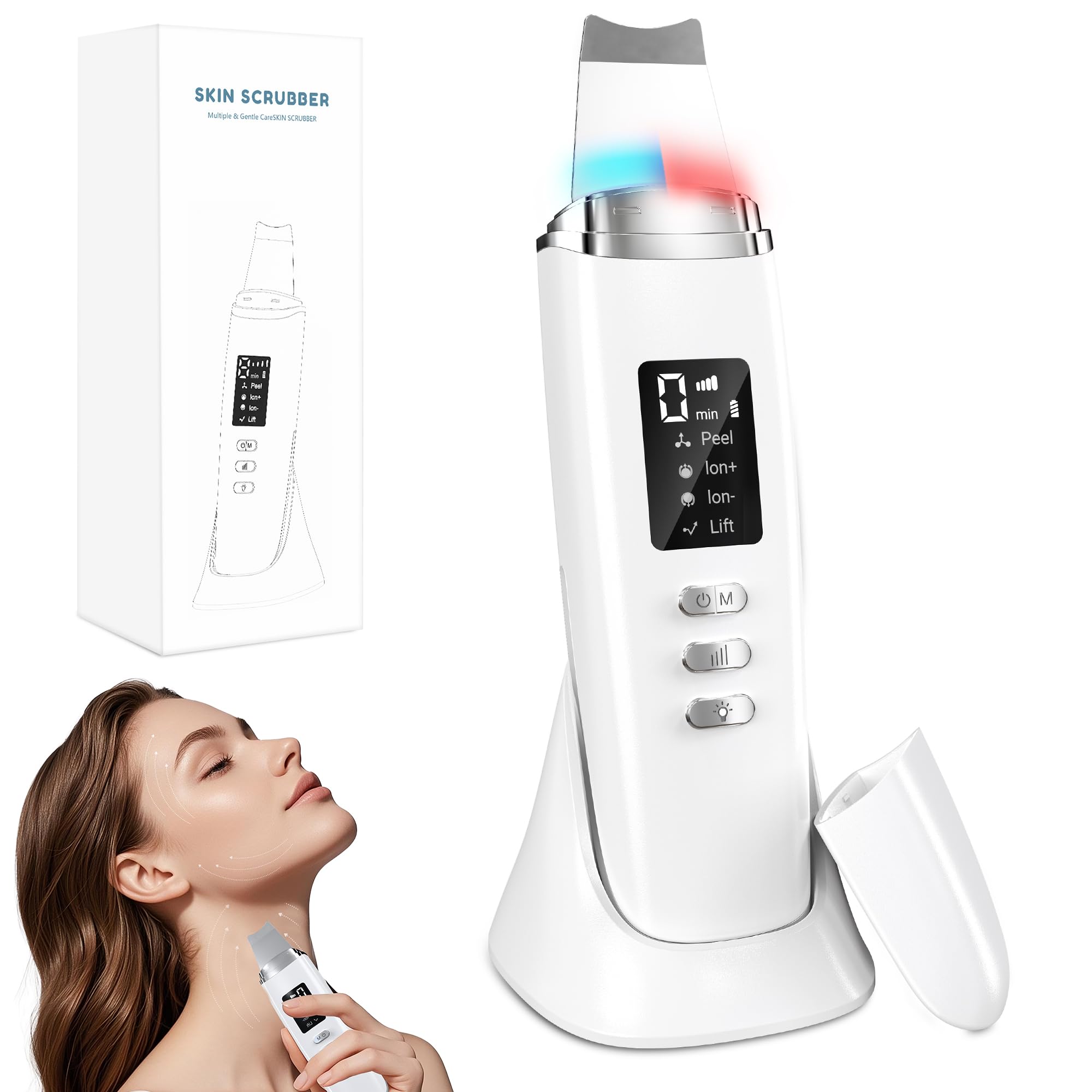 Yeerain Skin Scrubber Ultraschall, Porenreiniger Gesicht mit 4 Modi und Einstellbarer Intensitä, Rotes Blaues Licht, LED-Anzeige und 5-Minuten-Autoabschaltung Mitesserentferner Gesichtsreinigung Gerät