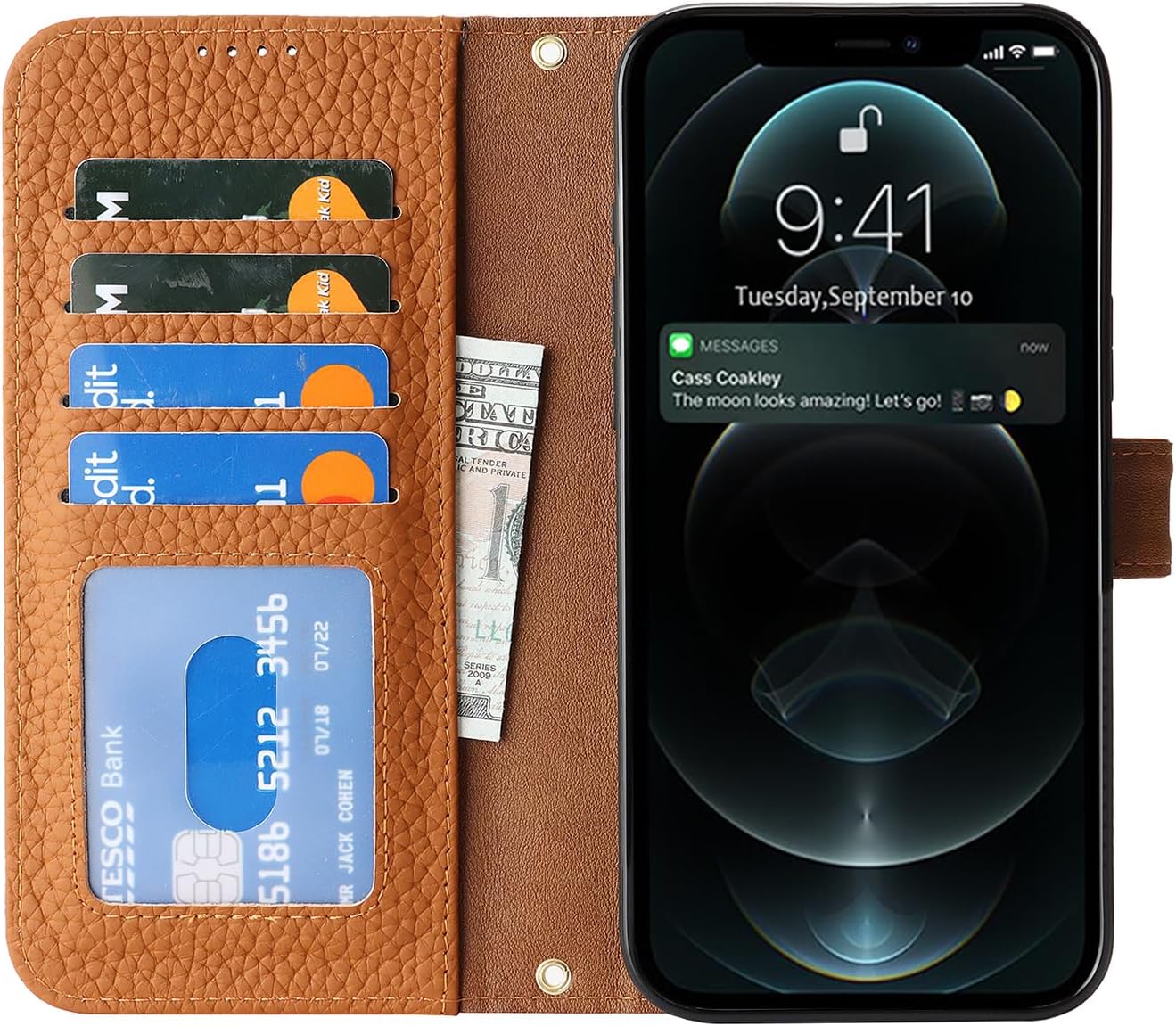 Zouzt Case for iPhone 12/12 Pro 6.1" Genuine Leather Wallet Case with 4 Card Slot, RFID Blocking Card Holder Magnetic Flip Folio Shockproof Phone Cover Women Men for iPhone 12/12 Pro - Amber - Image 7