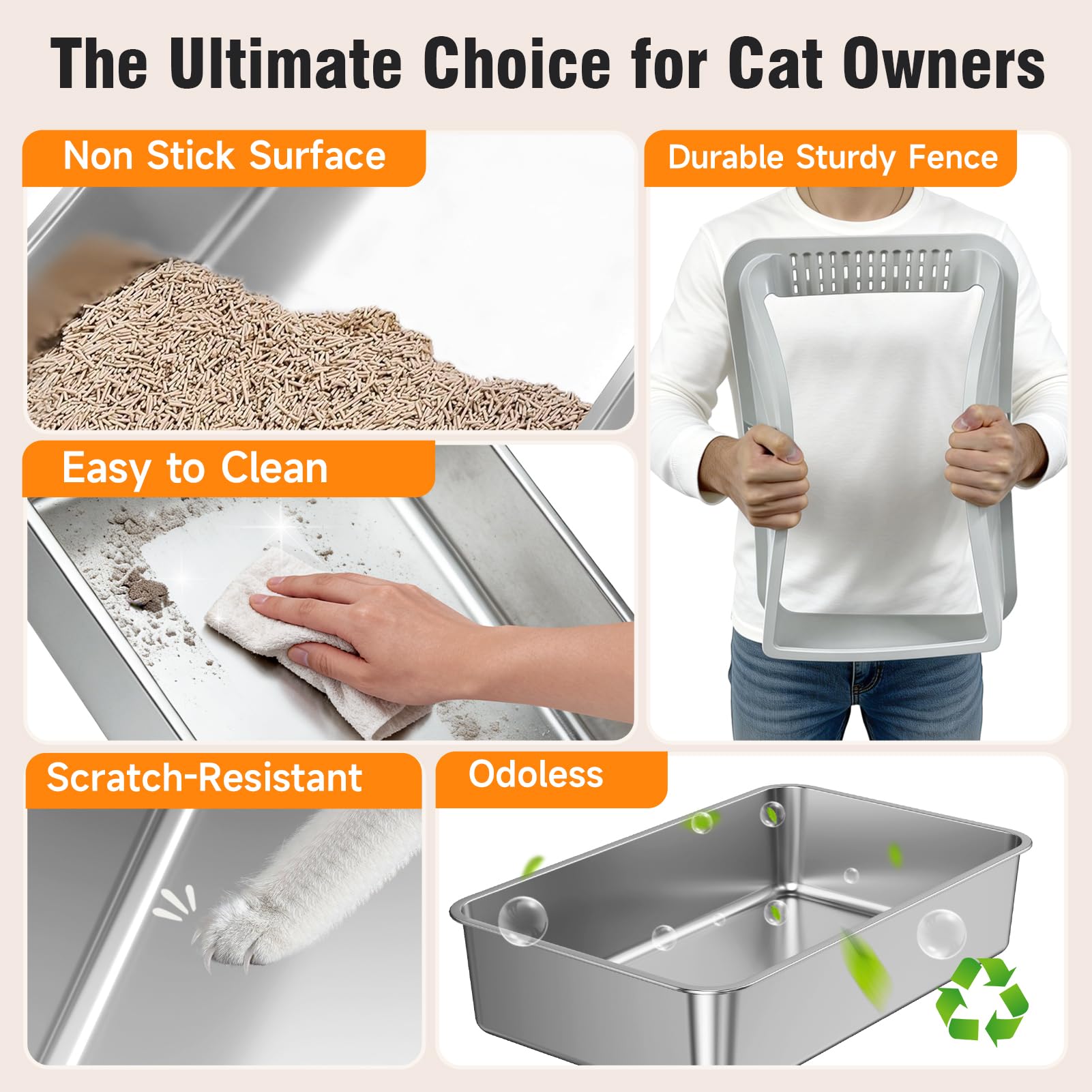 2PACK Stainless Steel Litter Box, Extra Large XL Odor Free Metal Litter Box with High Sides, Open Top Litter Pan Include Scoop Easy Cleaning Anti-Scratch Kitty Cat Box Anti-Urine Leakage, Non-Sticky - image 5