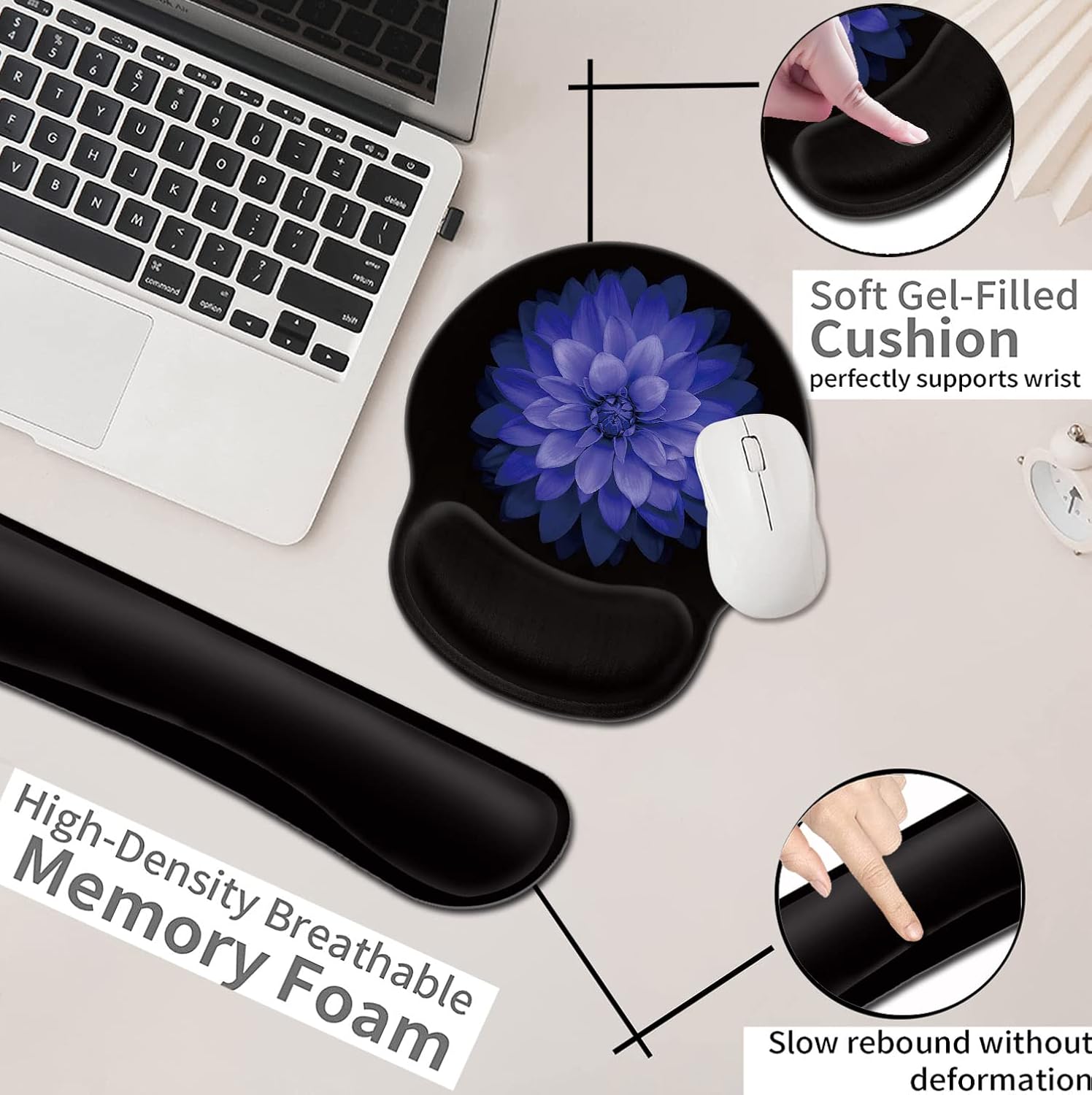 Computer Mouse Desk Pad and Keyboard Wrist Rest, Beautiful Office Accessories Desktop Decoration, Wireless Watercolor Purple Flowers Black MousePad for Women Typing Playing Games in The Office