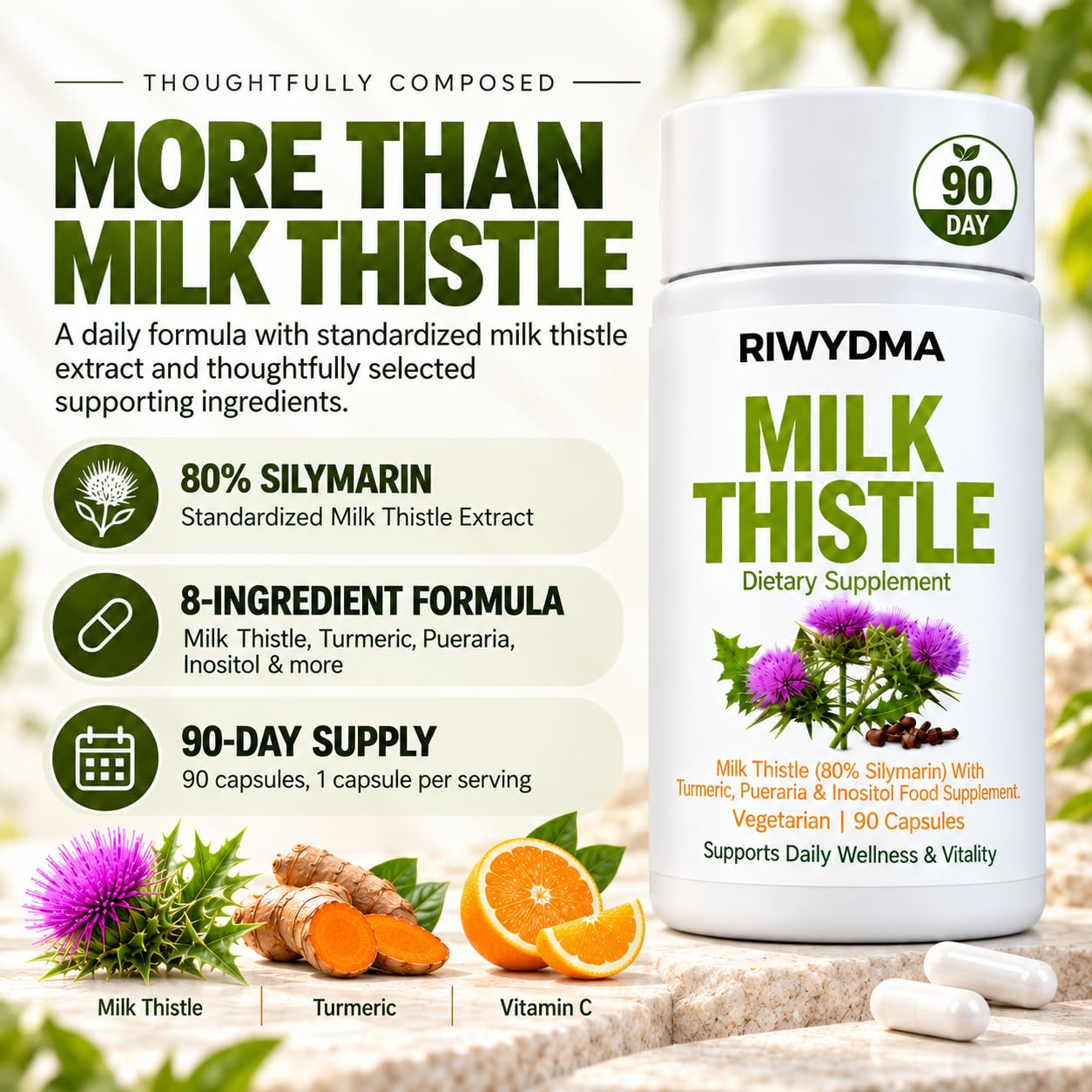 Milk Thistle Liver Detox, 8-in-1 Milk Thistle Liver Support Supplement, 90 Vegetarian Capsules, 80% Silymarin Herbal Formula with Turmeric, Pueraria & Inositol, Digestive & Detox Support — Amazon image 2