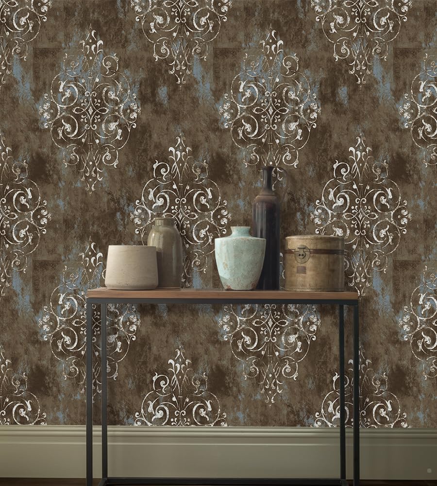 Vintage French Damask Peel and Stick Wallpaper – Self-Adhesive Removable Vinyl, Deep Grey & Mist Blue Decor for Bathroom Bedroom Living Room, Easy Install Accent Wall Paper 17.7”x236.2”