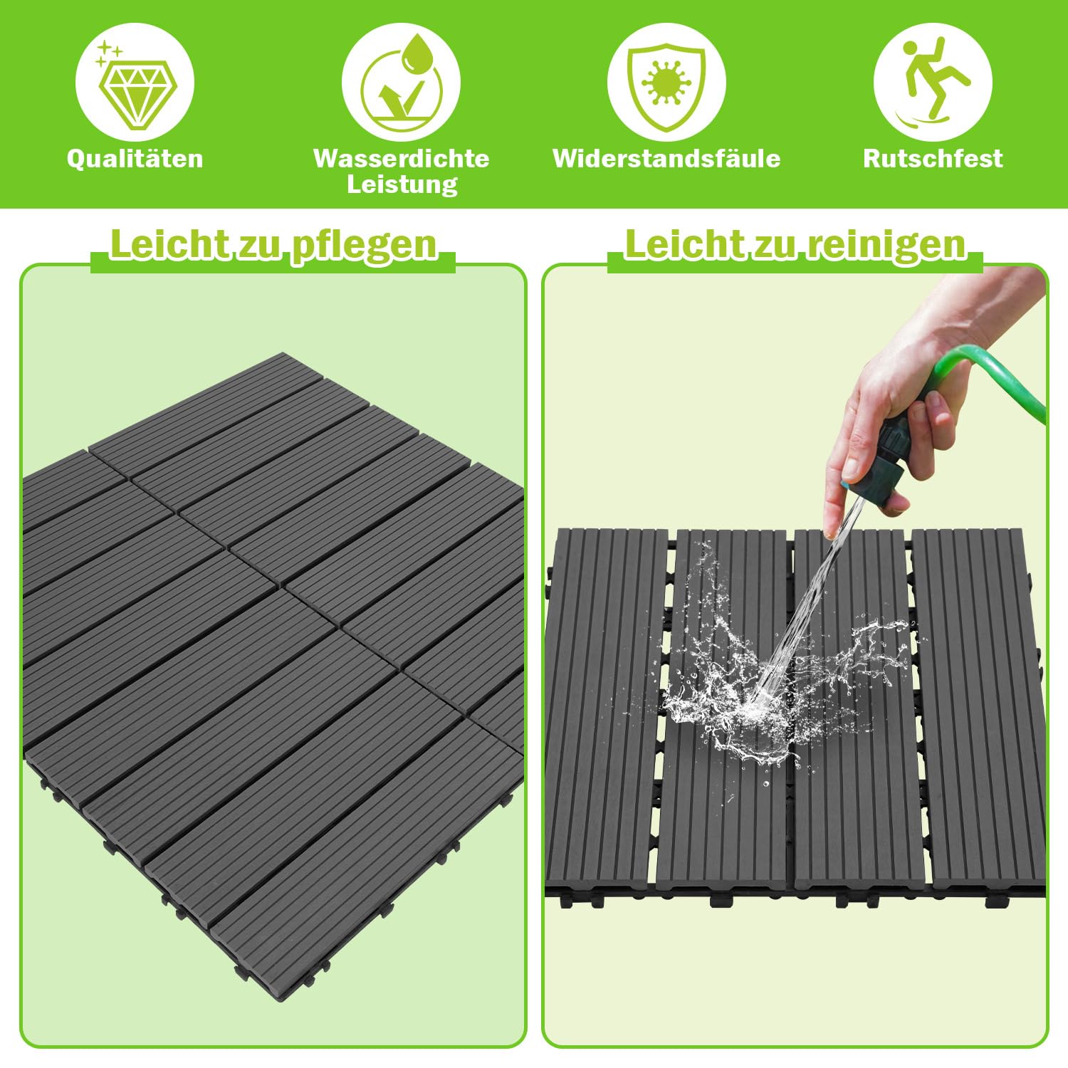 Płytki tarasowe WPC, płytki na klik, na taras i płytki balkonowe w kolorze szarym, 30 x 30 cm szare. Deski tarasowe z drenażem, 110 sztuk (10 m²) jako wykładzina antypoślizgowa
