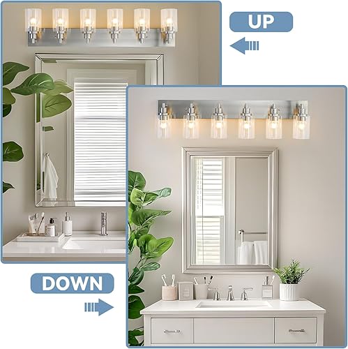 Miniatura 9 de LOUSACE Lámpara de tocador de baño de 6 luces de níquel cepillado, accesorios de iluminación de baño con pantallas de vidrio transparente sobre