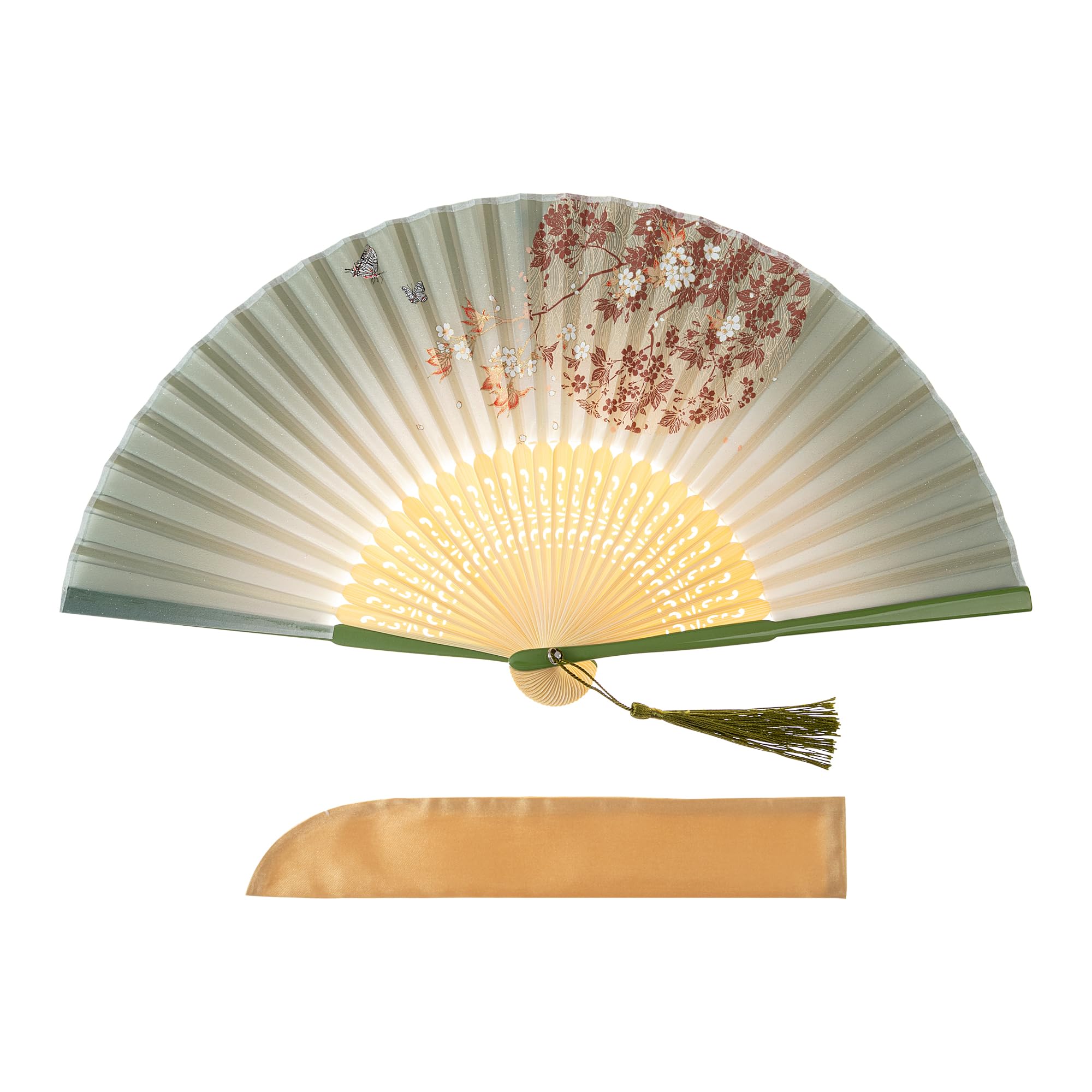 Salutto Hand Fan Bamboo Printed Pattern Folding Fan Lacquered Bamboo Fan For Party Wedding Gift With tassel and fan cover Globe Flower green
